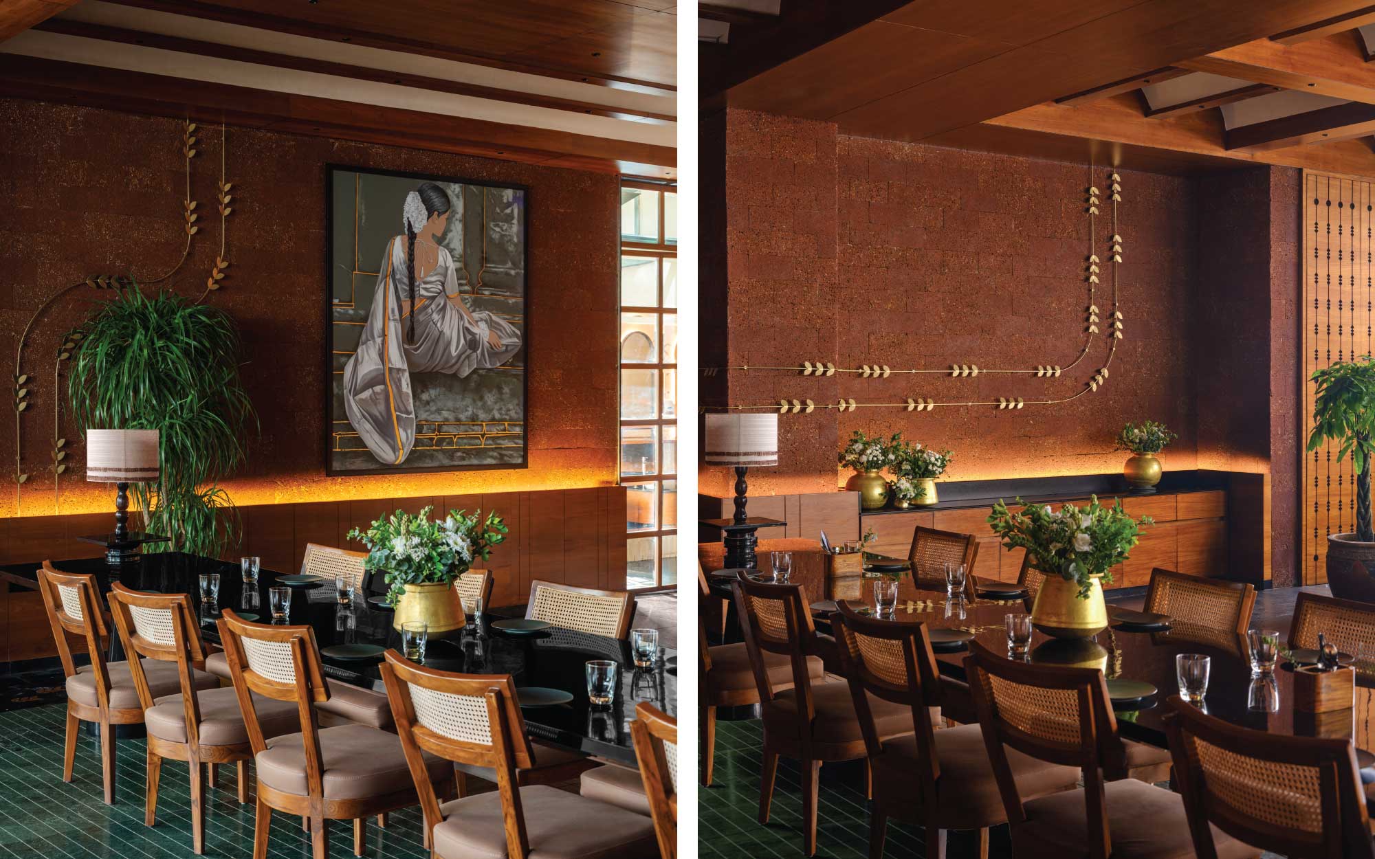 Laterite-clad walls form a textured backdrop, punctuated by brass detailing inspired by Kala Gajjalu (ankle bells), lending the space a quiet rhythm and a distinct sense of identity. (Image Credit: Theta Theta Telugu) 