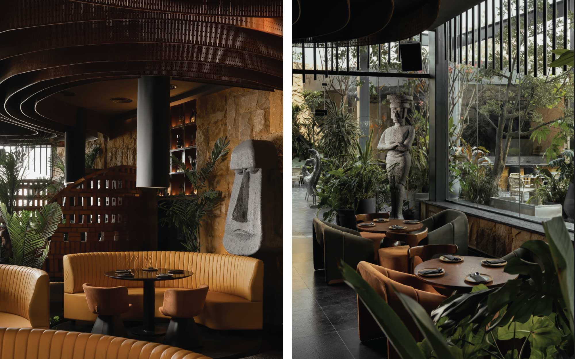 The restaurant unfolds across both indoor and outdoor spaces, yet the design dissolves any sense of separation, allowing it to be read as a singular sanctuary surrounded in biophilia. ( Image Credit: Moai Kitchen Hyd) 