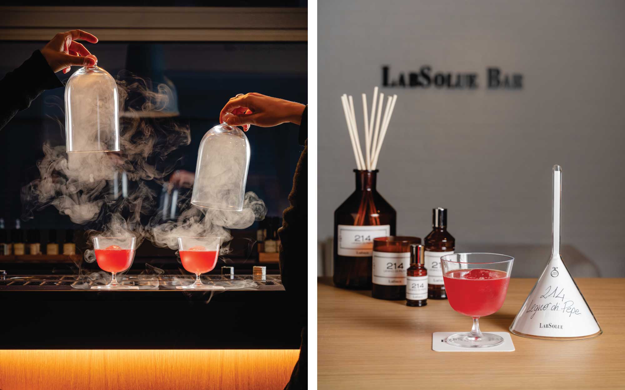 The cocktail program creates a dialogue between mixology and perfumery heritage, blending design and nature. (Image Credit: Legno di Pepe Tamtammilano) 