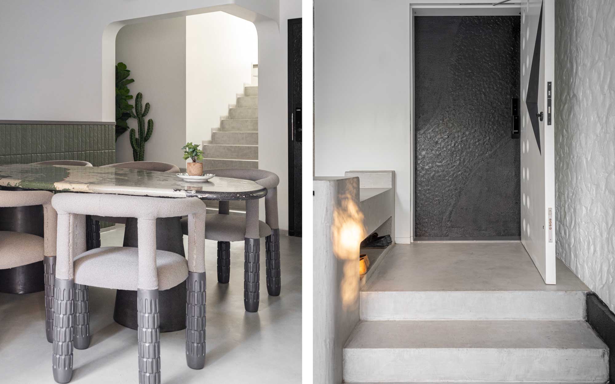 Left: Muted palettes dominate the dining space, featuring Microtopping flooring by The Concrete Works. The dining table with contemporary detailing by Crio takes centre stage. Right: Lime Plaster finished walls juxtapose the main grey entryway. (Image Credits: Vivekajeet)
