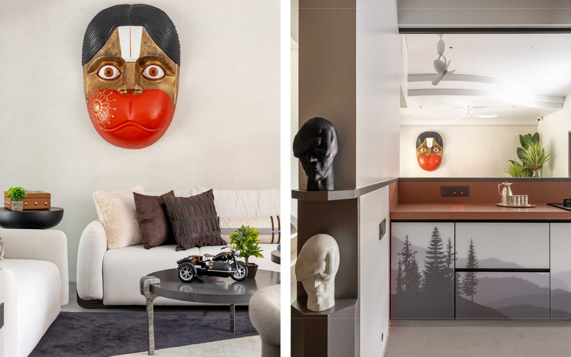 Left: The Hanuman ji mural by Lahoti and Associates is a sculptural element conceived as an architectural extension of their sensibility. A rug by The Rug Knots complements minimal furniture by Casaira. Right: Wallpaints by Jotun Paints and ICA breathe life into the living room, extending into the kitchen. (Image Credits: Vivekajeet)
