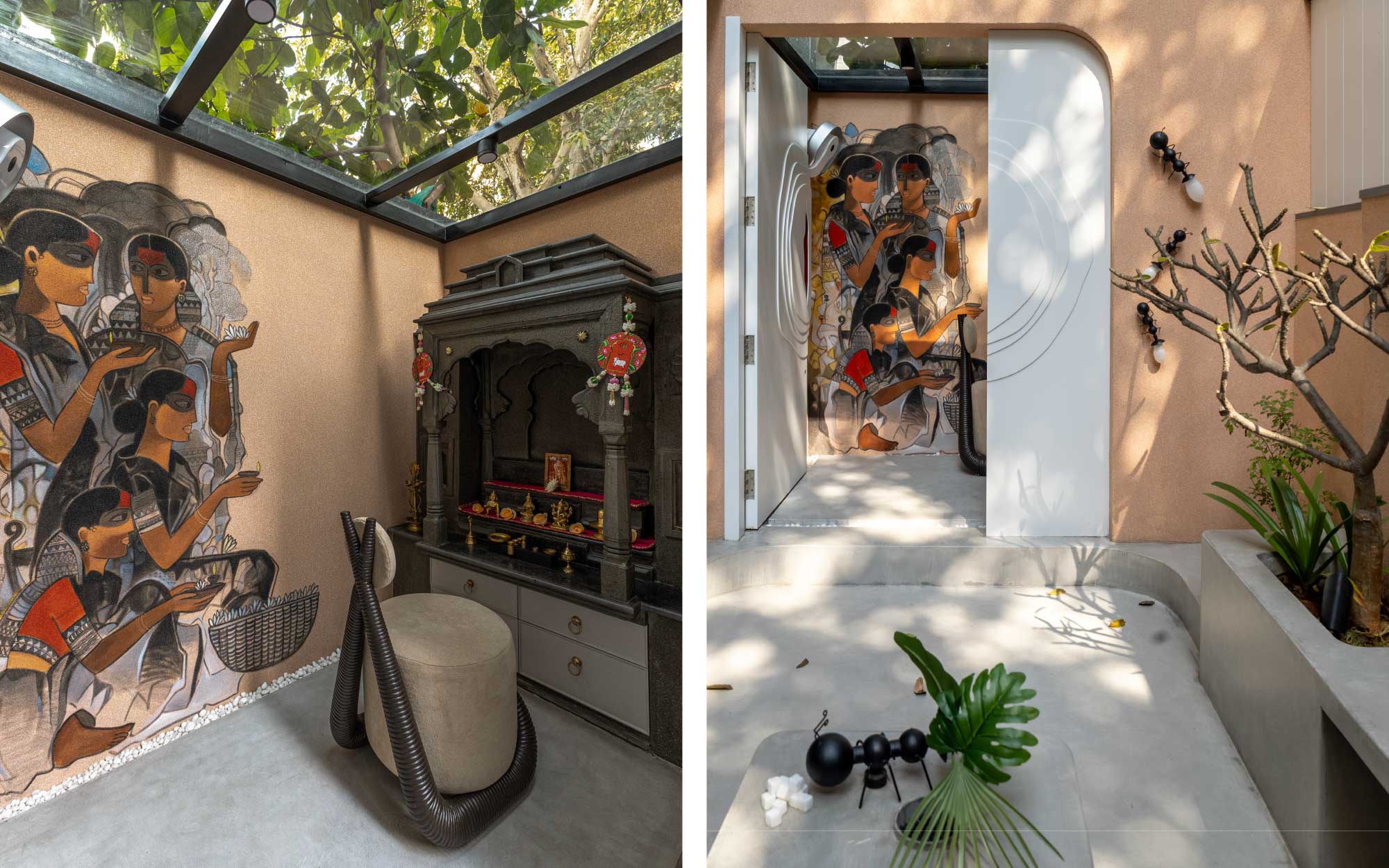 Left: The mandir opens onto an al fresco sit-out featuring decorative ant-shaped lights by Shailesh Rajput Studio. Right: A commanding mural by Sameer Dixit makes the sanctity of the space all the more palpable. (Image Credits: Vivekajeet)
