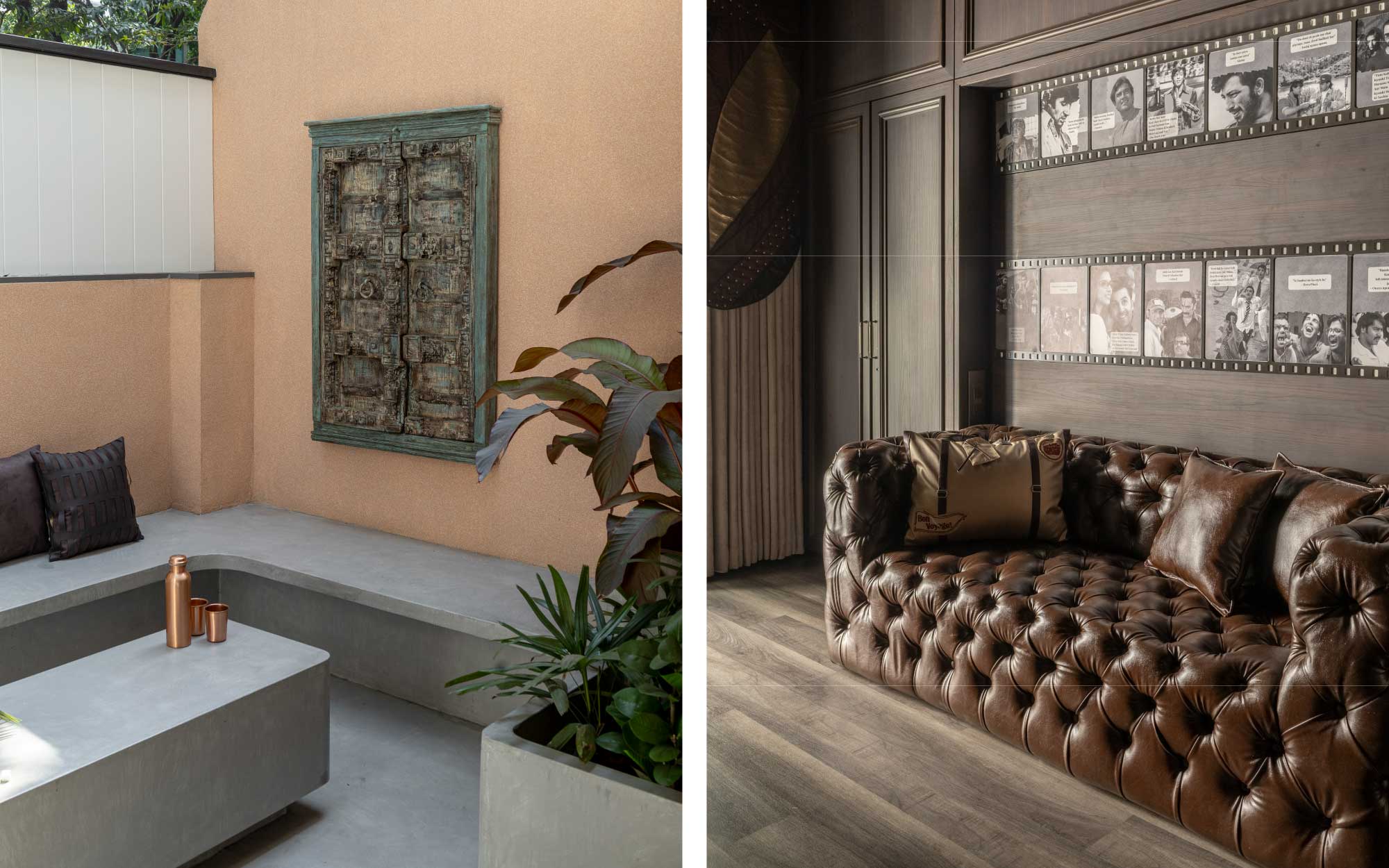 Left: A window by Rani Handicraft conveys its quaint charm in this quiet corner. Right: The media room captures Bollywood nostalgia through panels featuring film stars across its length.
