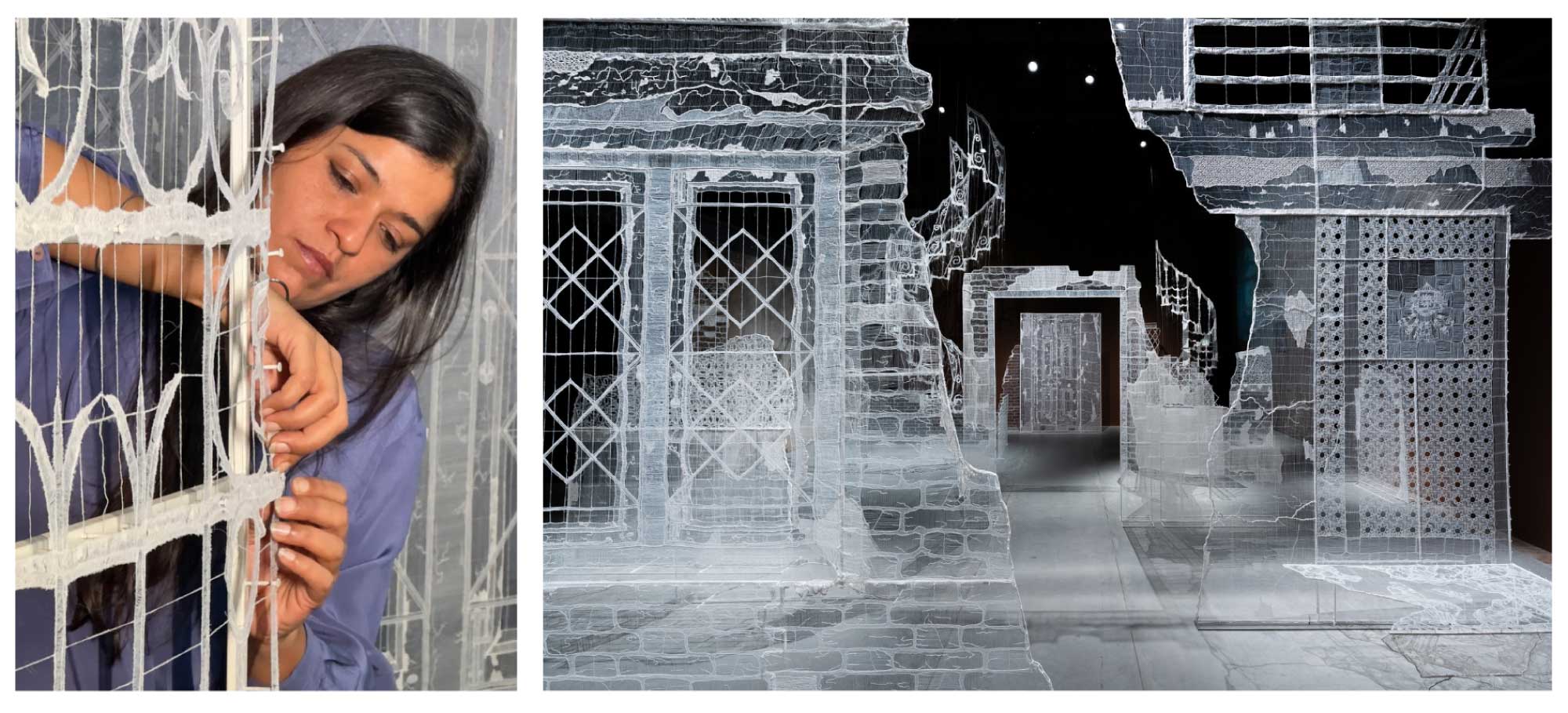 (L) Sumakshi Singh working on her installation for the India Pavilion. (Image credit: Tanya Singh); (R) Permanent Address, 2026 by Sumakshi Singh at the India Pavilion.  (© Joe Habben)
