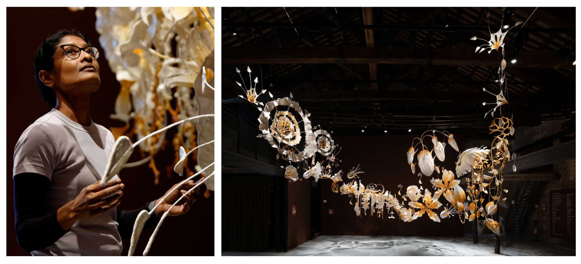  (L) Ranjani Shettar working at the India Pavilion. (© Andrea Avezzù); (R) Under the Same Sky by Ranjani Shettar at the India Pavilion. (© Joe Habben)
