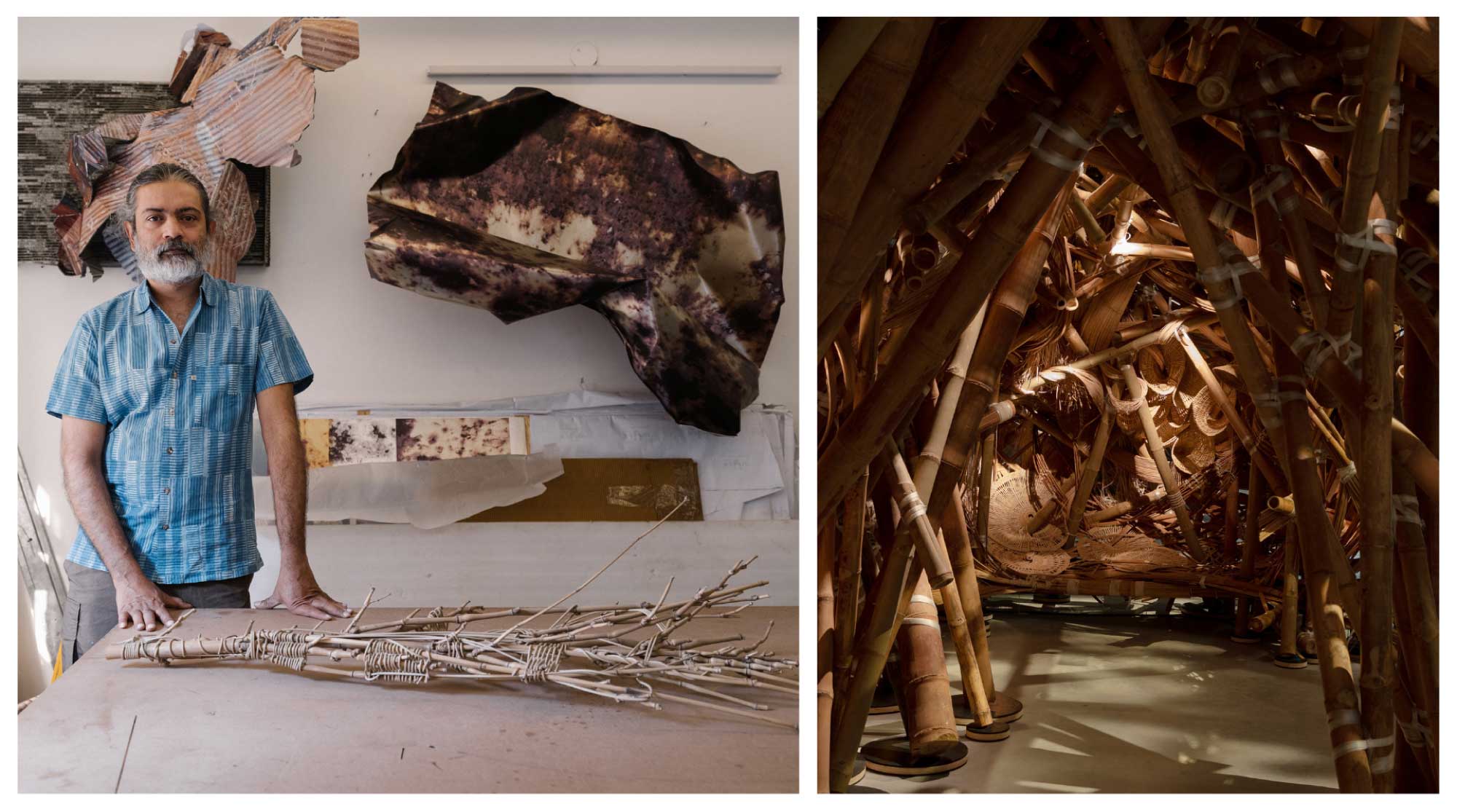 (L) Portrait of Asim Waqif. (© India Pavilion); (R) Chaal, 2026 by Asim Waqif at the India Pavilion. (© Joe Habben)
