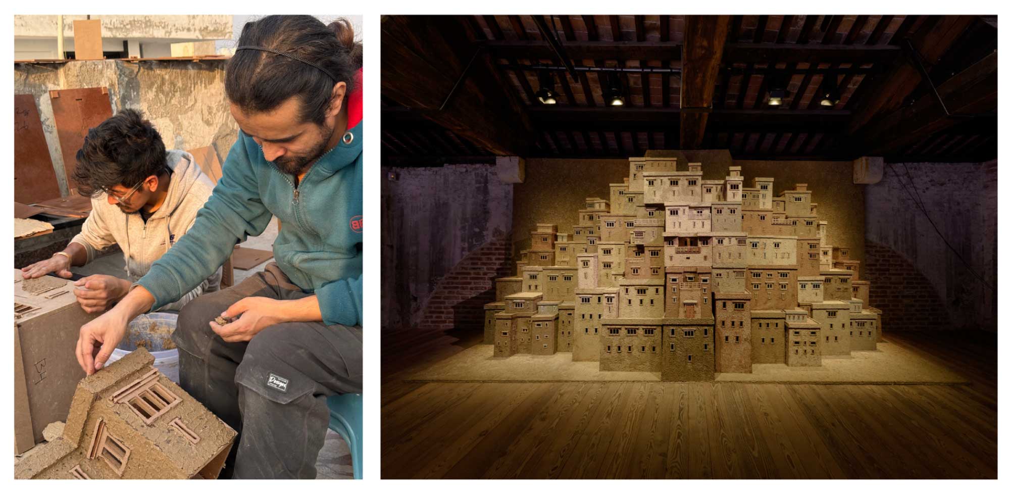 (R) Skarma Sonam Tashi working on a piece for the India Pavilion. (Courtesy of the artist); (R) Echoes of Home, 2026, by Skarma Sonam Tashi at the India Pavilion. (© Andrea Avezzù)
