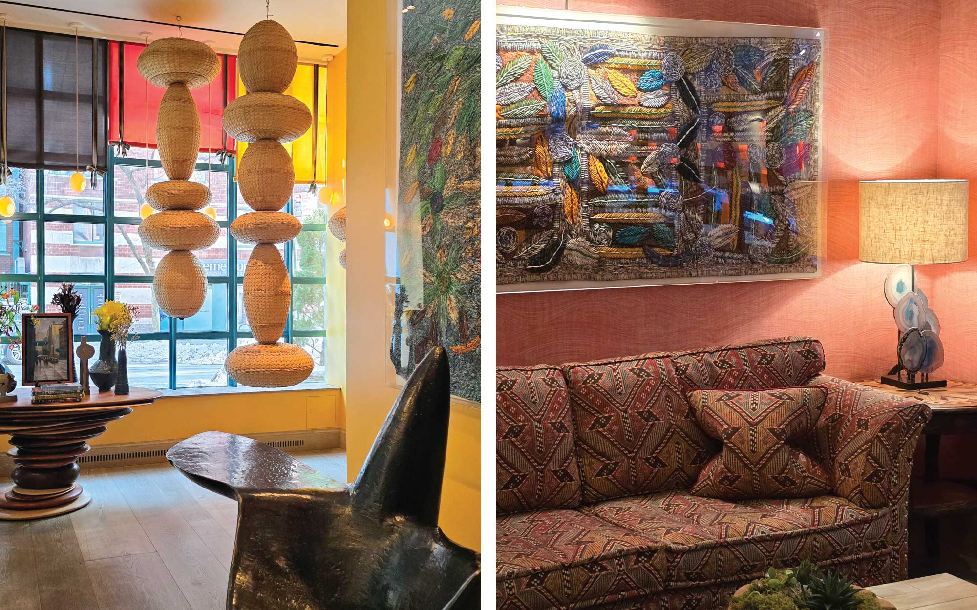 Christopher Kuetz’s Skipping Table in poplar evokes a sculptural stack of stones, balancing play and stillness. Sanaa Gateja’s beaded works blend bark cloth, raffia, paper, wood, banana fibre, and upcycled materials, existing between tapestry, installation, and sculpture. (Image Credit: Warren Street Hotel, NYC) 