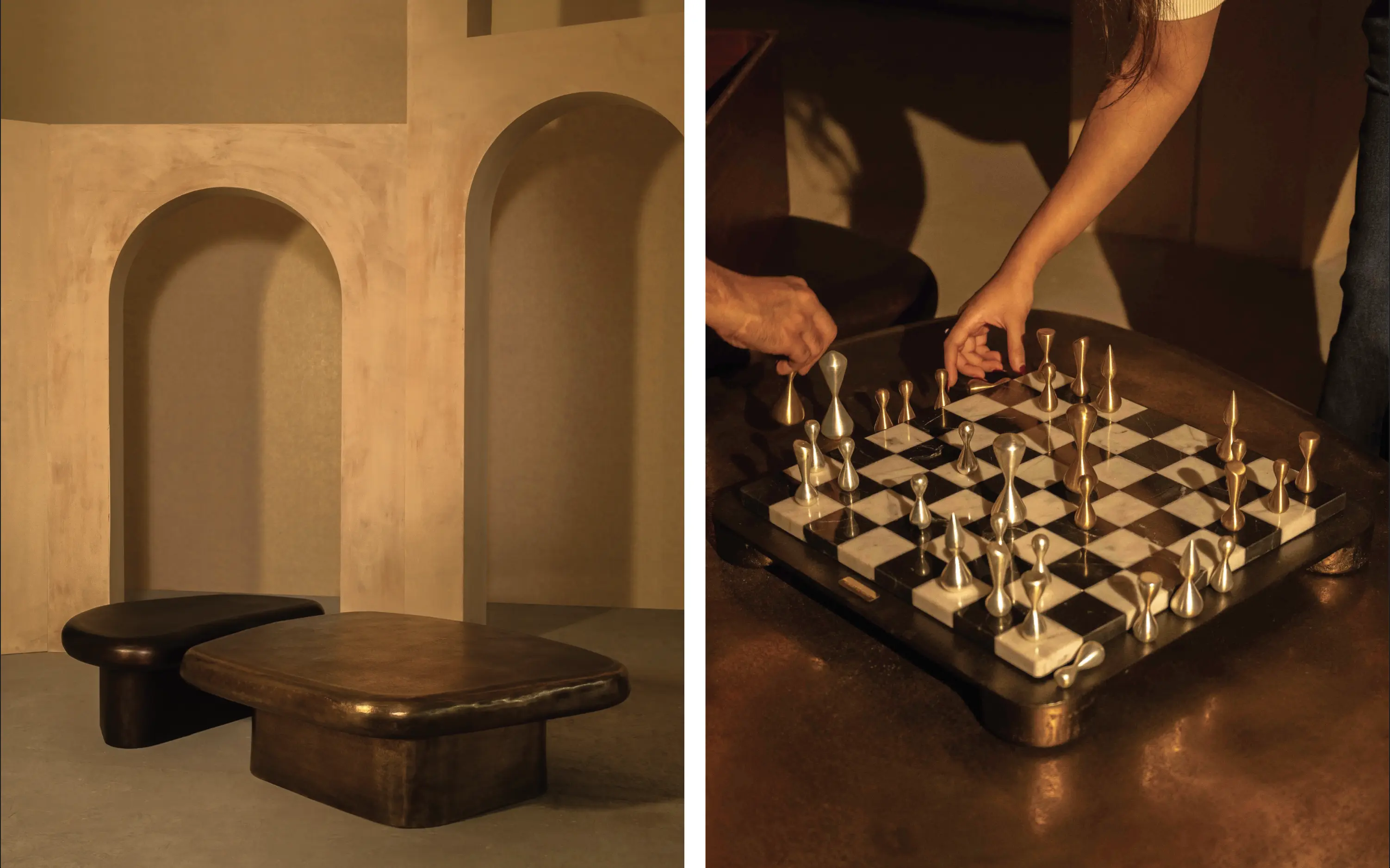 Left: Pebble Tables with softened edges, designed to anchor a room with quiet confidence. Right: The Chronos Chess Set is crafted with the same precision as a collectable. (Image Credits: Taho Living)