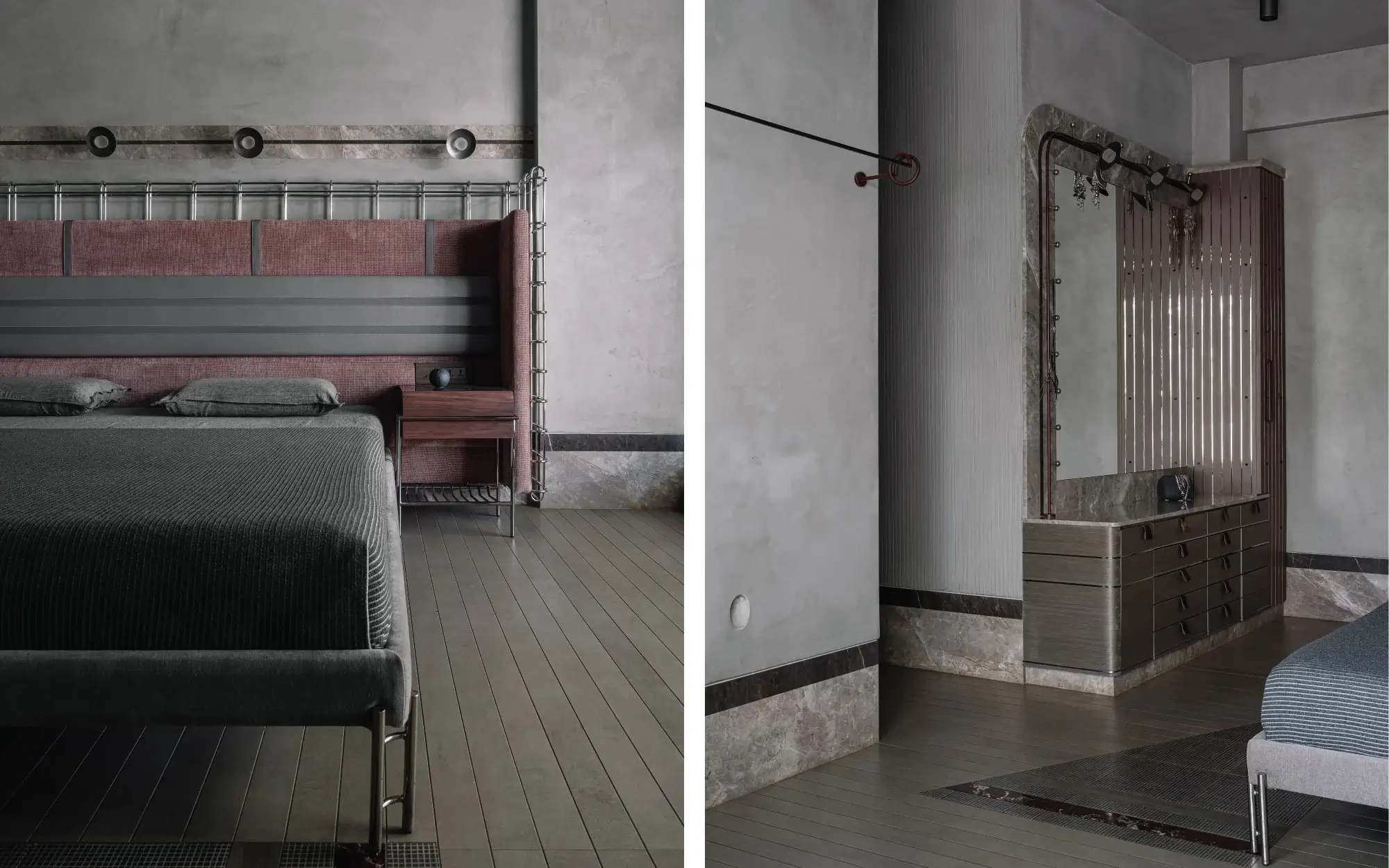 Left: A stainless-steel grid bed with blush upholstery and deep mauve detailing anchors the master bedroom’s quietly theatrical mood. Right: Triangular marble inlays interrupt the striped flooring, leading towards a sculptural dressing table framed in layered marble and steel detailing. (Image Credits: Ishita Sitwala)