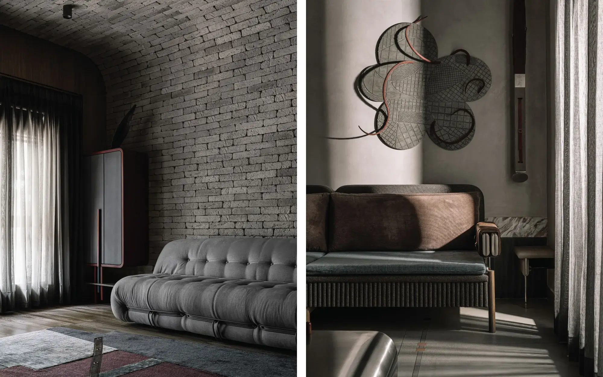 Left: In the library-cum-TV room, a refurbished couch anchors the space with lived-in softness. Right: Bespoke couches anchor the living room beneath an oddly sculptural metallic flower with twisted, Maleficent-like horns, while a towering leather-strapped light fixture in stained wood and concrete deepens the home’s theatrical Brutalist fantasy. (Image Credits: Ishita Sitwala)