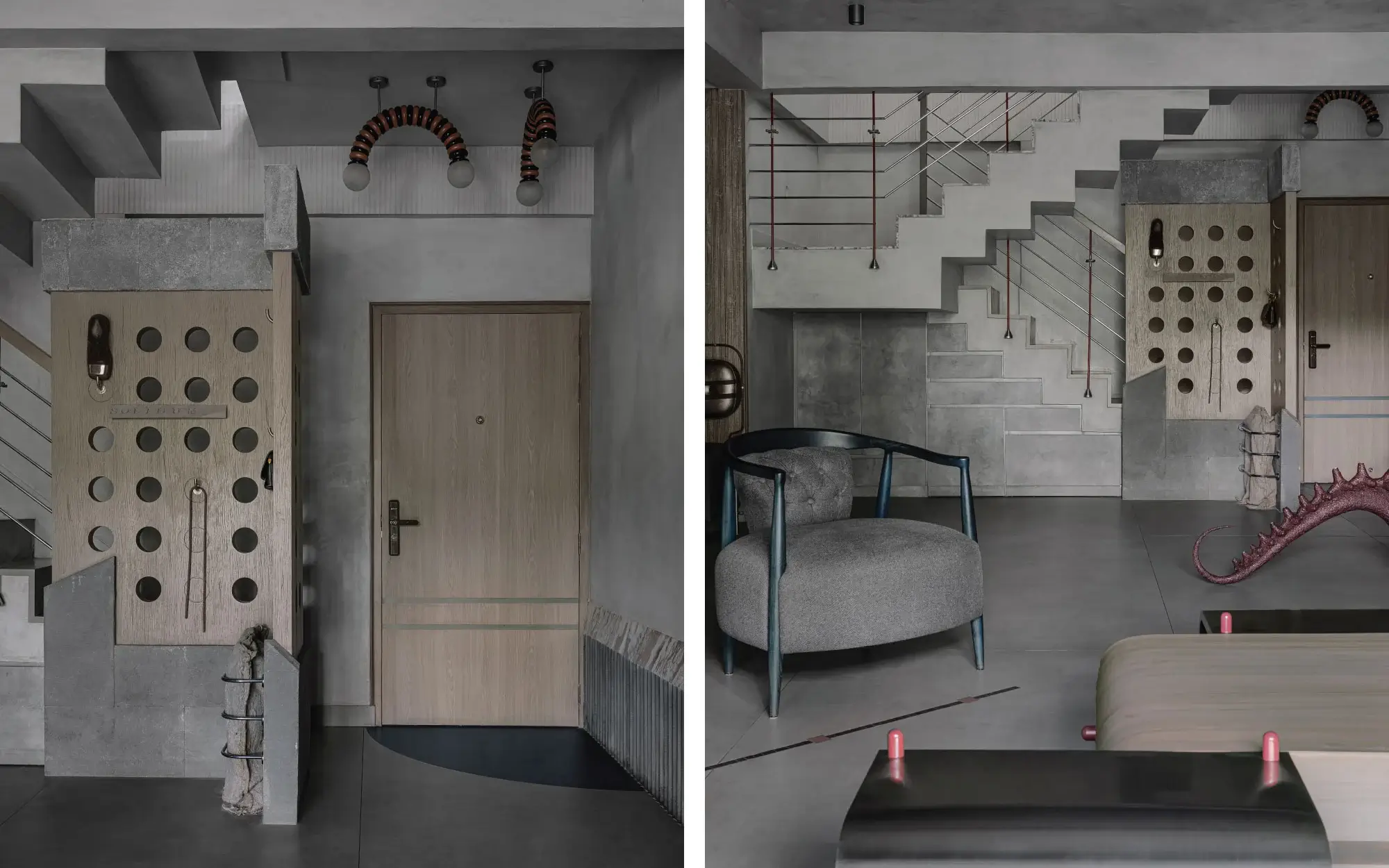 Left: A whimsical caterpillar light hovers above the entrance, while a perforated wooden screen with circular cut-outs negotiates privacy, light, and the daily chaos of leashes, deliveries, and wandering Huskies. Right: A wooden chair from accompanies the recurring motif of a wandering chameleon tail, a mischievous detail that seems to slither through the home like an inside joke. (Image Credits: Ishita Sitwala)