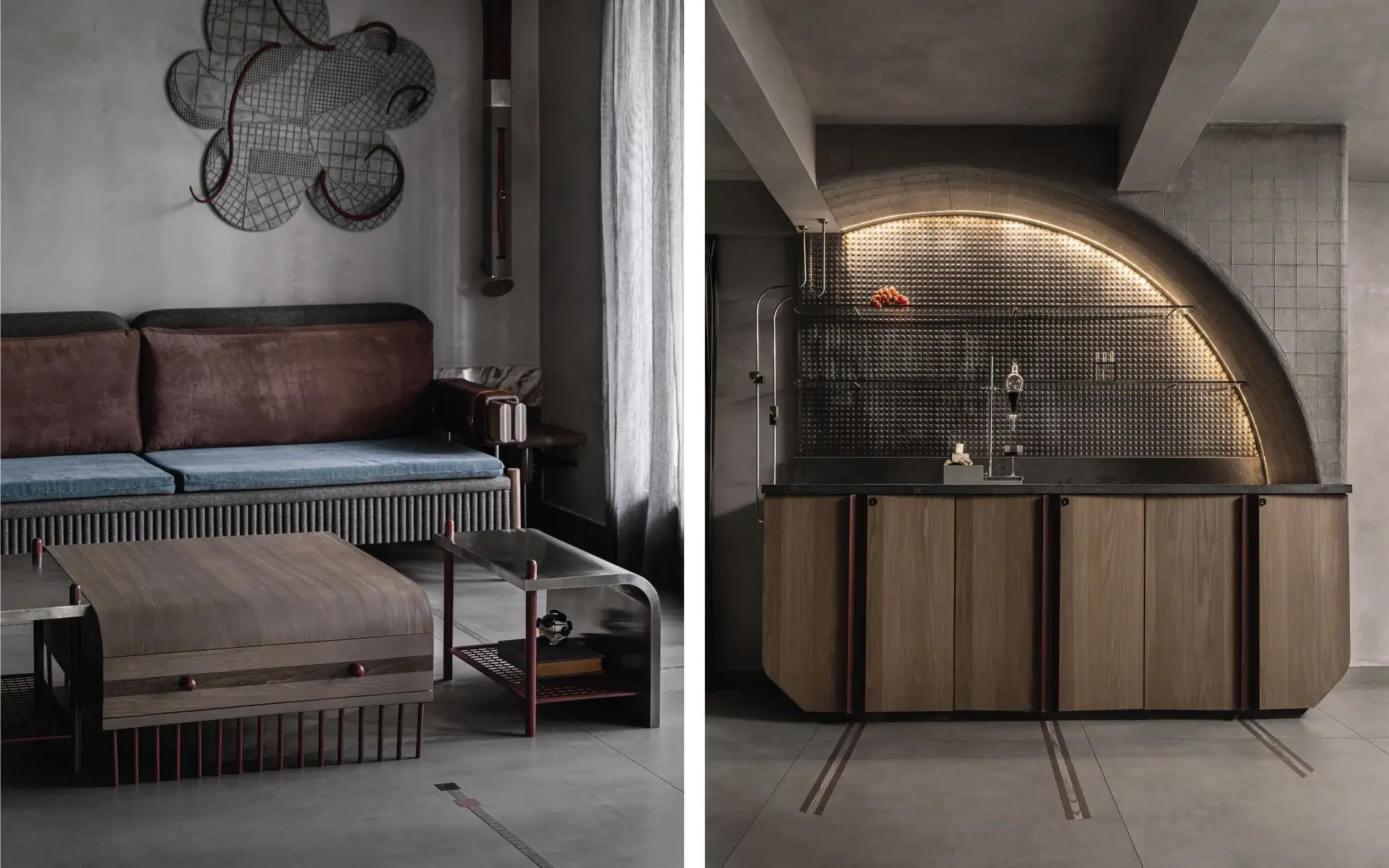 Left: In the living room, a shapeshifting three-part coffee table, bespoke sculptural seating, and a rug-like geometric floor etched directly into the surface negotiate entertaining, clutter, and the glitter-shedding whims of two Huskies. Right: The bar flooring follows suit, interrupted by sleek mauve and wooden inlays that subtly echo the home’s shifting visual language. (Image Credits: Ishita Sitwala)