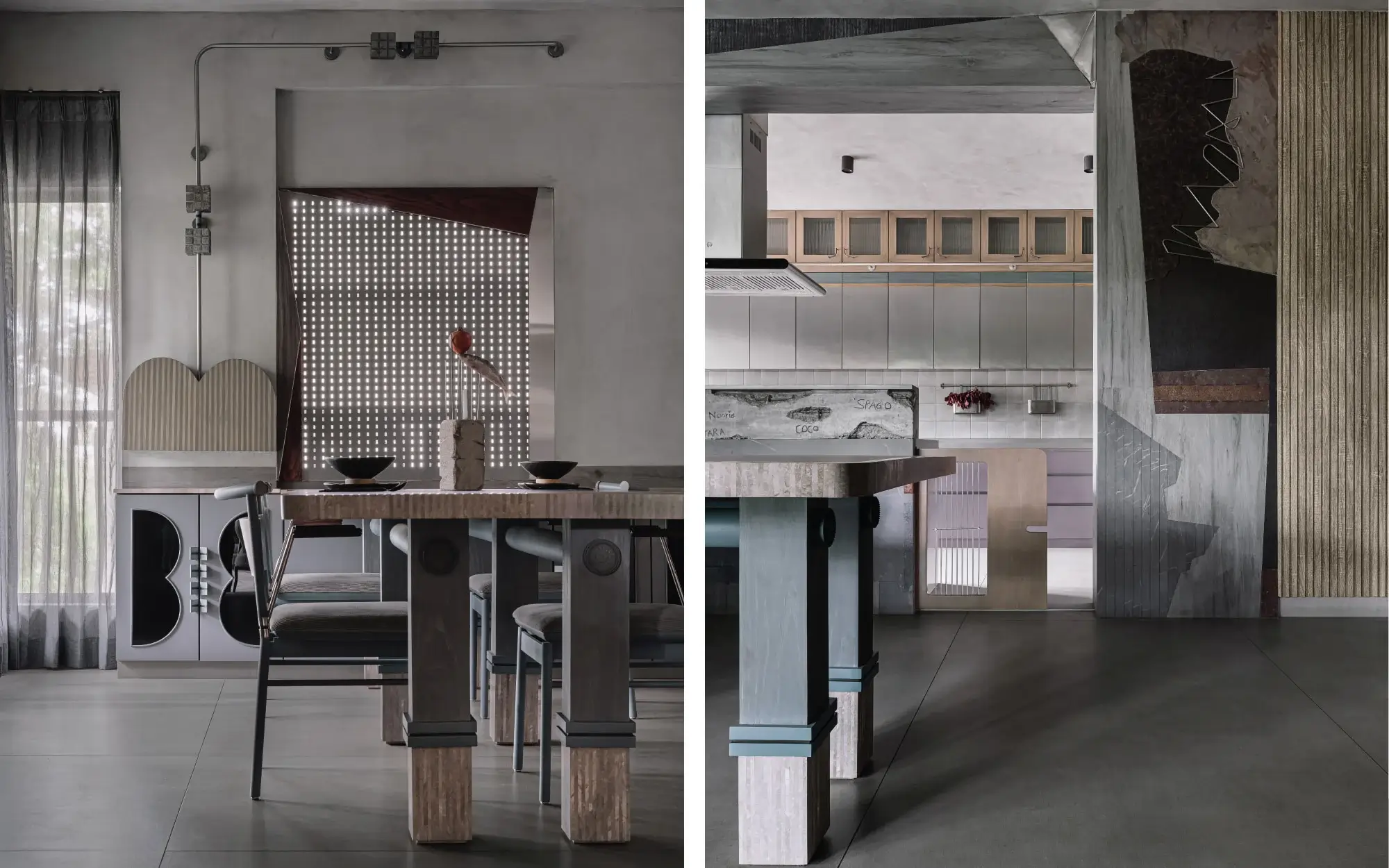 Left: A 10-foot concrete-finish dining table, dusky blue steel chairs, and a concealed crockery cabinet turn the dining room into a sculptural setting for slow meals and lively gatherings. Right: In the kitchen, metallic cabinets, a breakfast counter etched with the Huskies’ names, and a discreet dog screen balance functionality with playful chaos. (Image Credits: Ishita Sitwala)