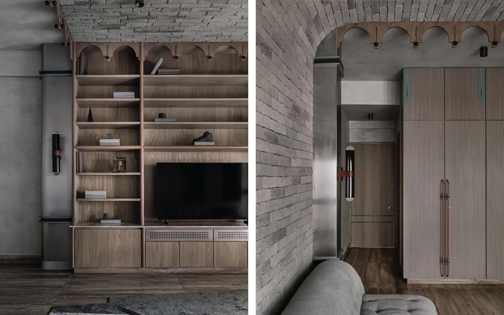 Left: In the library-cum-TV room, playful scalloped wooden brackets and steel wire sorting detailing frame the television like a theatrical Victorian backdrop. Right: Vaulted ceilings, steel-clad columns, and fluted wooden wardrobes shape the library-cum-TV room’s cocoon-like Brutalist character. (Image Credits: Ishita Sitwala)