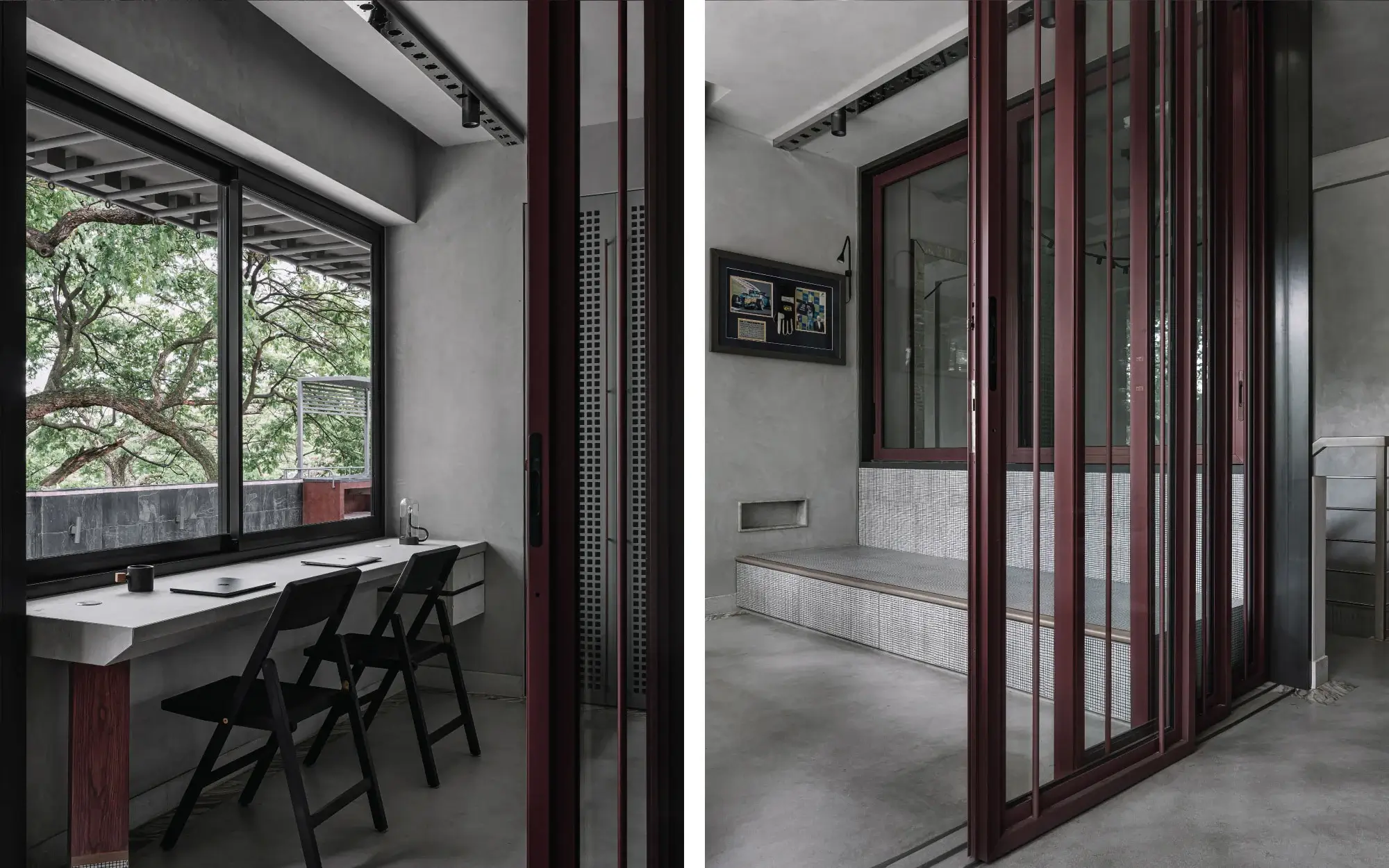 Left: The office pairs a floating desk and sculptural seating with expansive glass vistas, while a perforated grey door lingers like a quiet portal to the lady’s sanctuary beyond. Right: Wine-stained detailing and a chequered daybed soften the office, while Hatsu lights cast a sculptural glow across the stairway. (Image Credits: Ishita Sitwala)