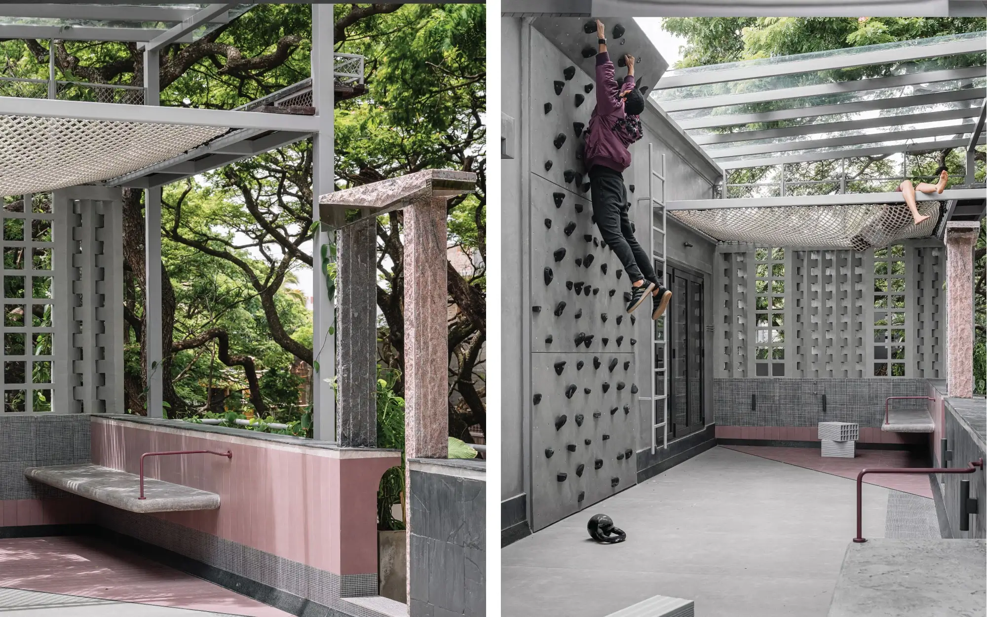 Left: A floating concrete bench and suspended hammock soften the secondary entrance, blurring the threshold between indoors and the terrace beyond. Right: The rock-climbing wall transforms the gym into a playground for strength sessions and daily conquests. (Image Credits: Ishita Sitwala)