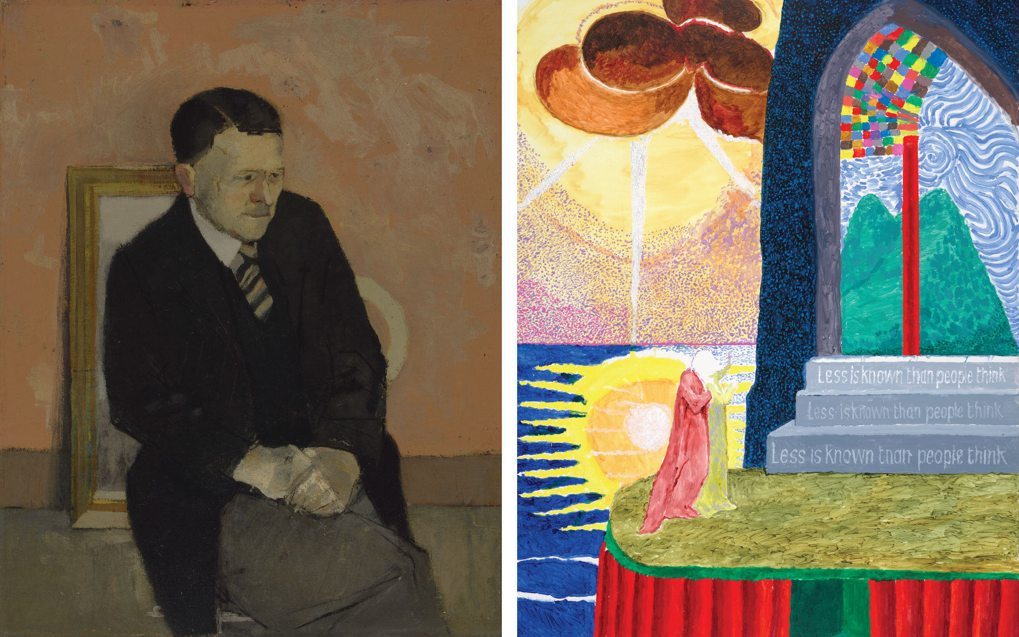 Left: A portrait of Hockney’s father, which he sold for £10 at the Yorkshire Artists' Exhibition in 1957. Right: After Munch: Less is Known than People Think (2023), ambiguous scenes inspired by part of a headline he once saw in The New York Times: ‘Less Is Known Than People Think’. (Image Credit: David Hockney)