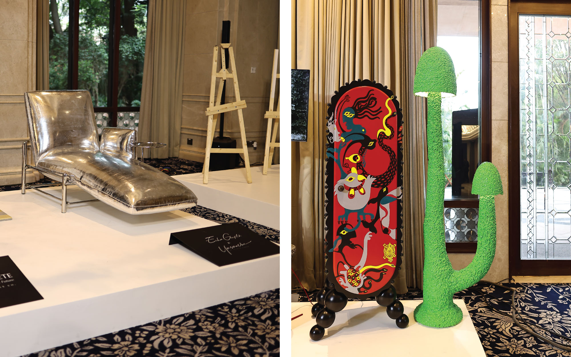 Left: Apollo from the Studio 54 collection by Esha Gupta X Yashesh Virkar is a silver-drenched collectable chaise that channels disco glamour. Right: Ek Kalakaar Designs offers a flamboyant second life to discarded materials, paying homage to India’s rich craftsmanship. (Image Credits: Design Pataki) 