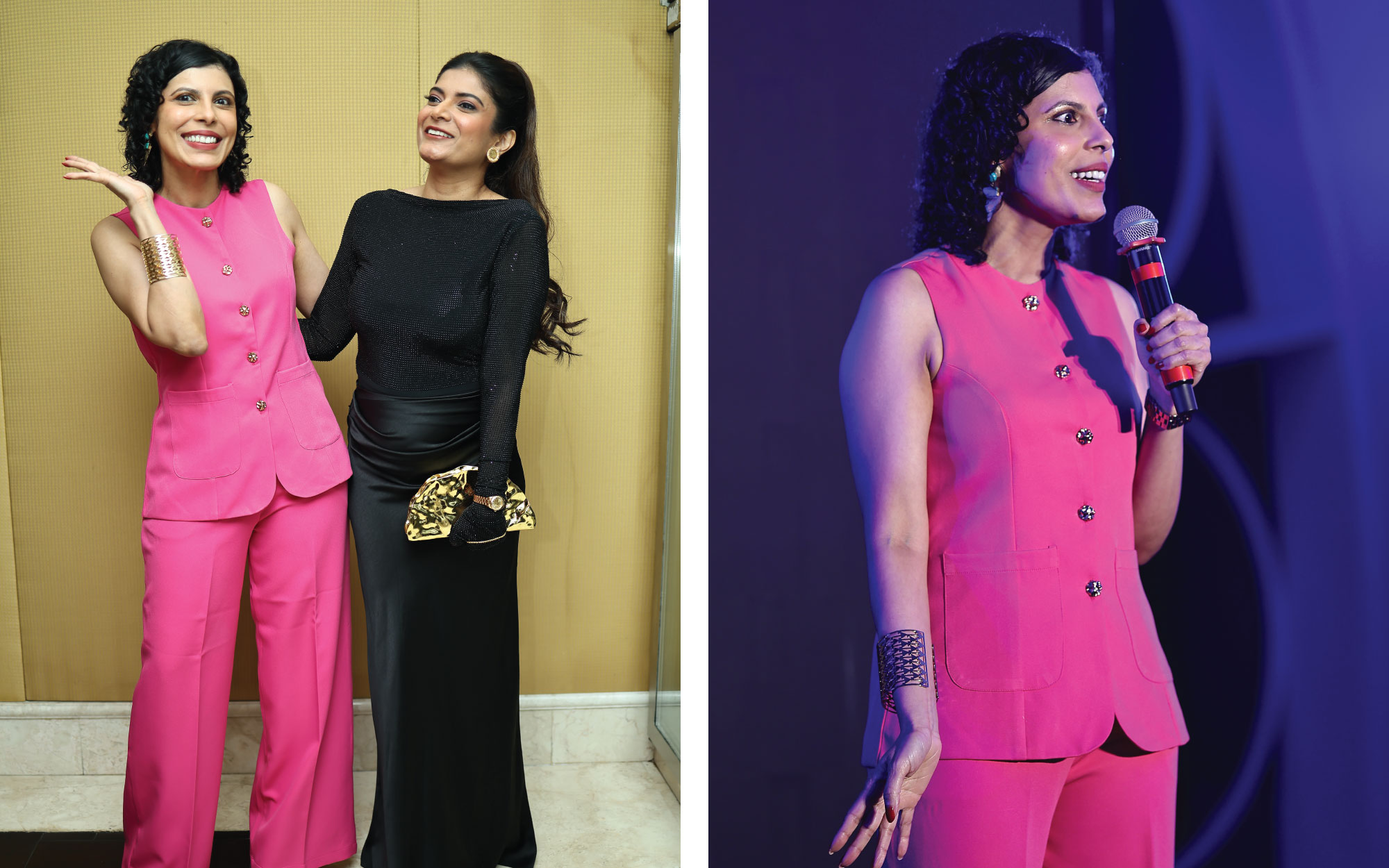 Left: Esha Gupta and Annu Menon share a light-hearted moment, bringing together design, dialogue and a generous dose of laughter at Design Salon Bengaluru. Right: Annu Menon in her element, turning Bengaluru’s quirks, cricket fever and city lore into an evening of unrestrained laughter. (Image Credits: Design Pataki) 