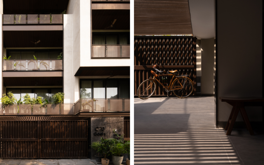 Left: Large glazed openings framed in slender aluminium profiles open the interiors towards the adjacent park, allowing trees, shadows and shifting daylight to become part of the spatial experience itself. Right: At the stilt level, light grazes the exposed concrete ceiling and Cemento flooring in deliberate patterns, orchestrating movement throughout the day. (Image Credits: Avesh Gaur)
