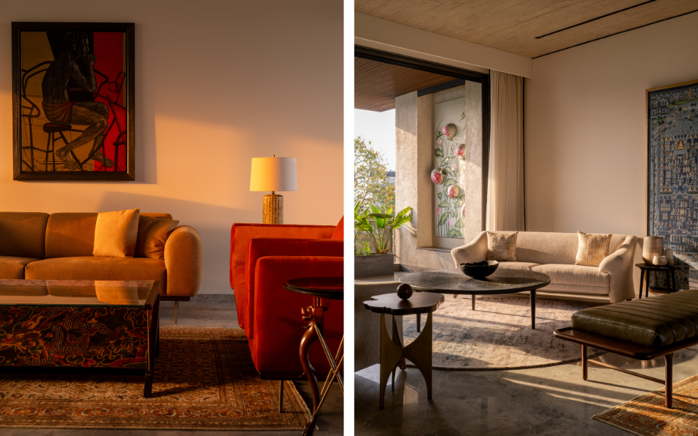 Left: Conceived as a refined entertaining space, the formal living area is furnished with pieces from Mangrove Collective. Right: The adjacent side of the formal living area that opens onto the terrace, and boasts a Pichwai artwork. (Image Credits: Avesh Gaur)
