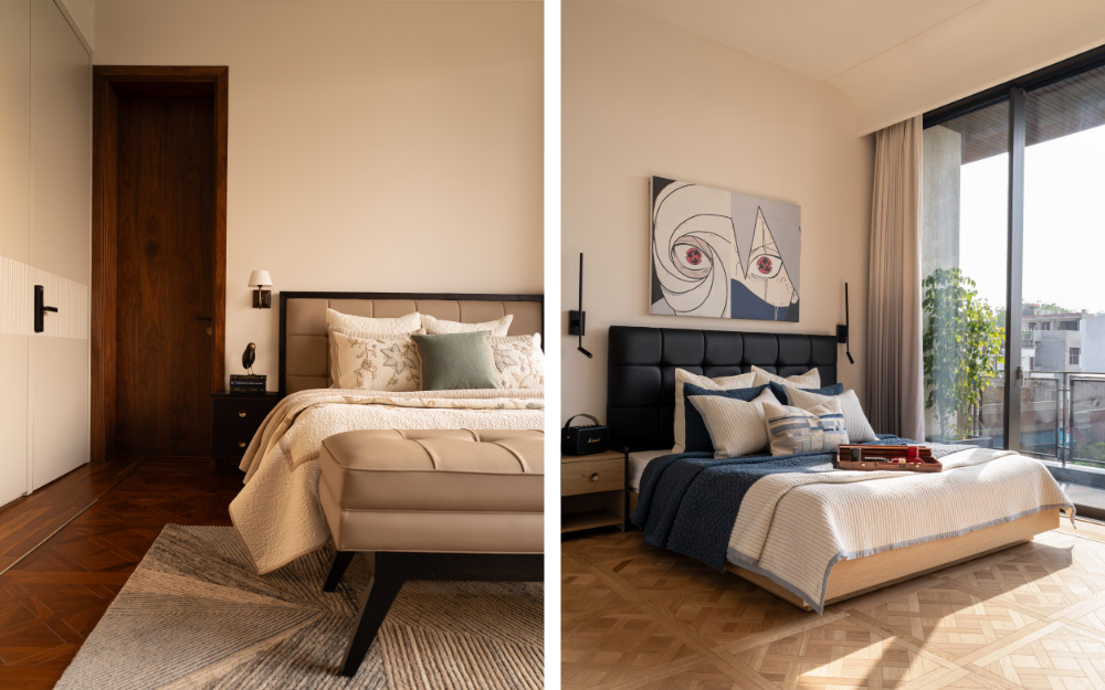 Left: In the master suite, bespoke flooring by Opulo meets Sarita Handa linens beneath lighting from Gulmohar Lane. Right: A bespoke leather headboard and herringbone underfoot by Opulo defines the son’s bedroom. (Image Credits: Avesh Gaur)
