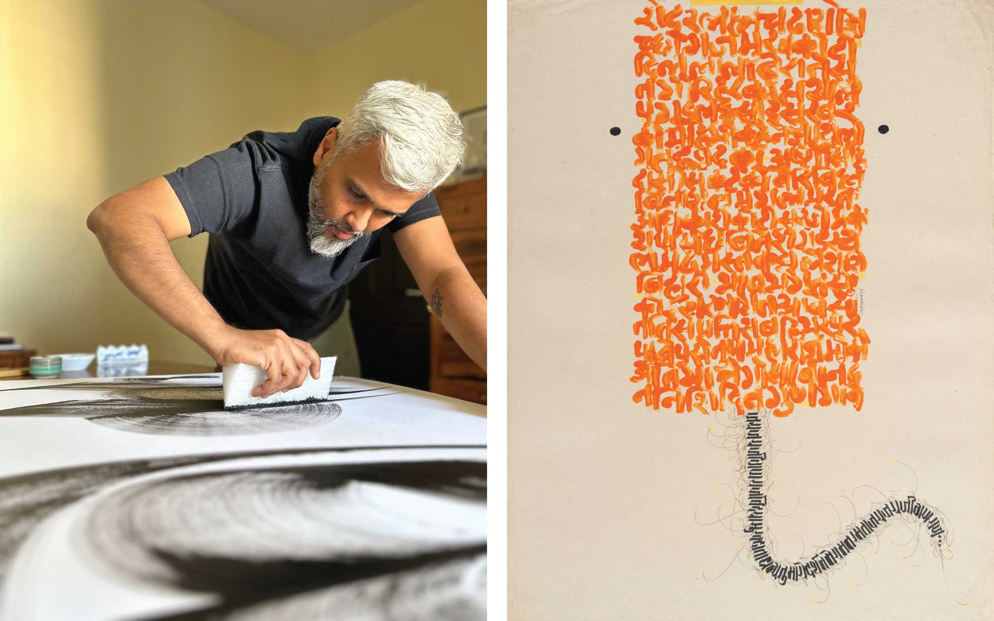 Left: Nikheel Aphale uses a foam, an unconventional material to craft a piece. Right: In the piece, ‘Marks of Devotion,’ Lord Ganesha’s face is formed through the aarti ‘Shendur Lal Chadhayo,’ written with a paint-dipped finger, transforming sacred ritual gestures. (Image Credits: Nikheel Aphale) 