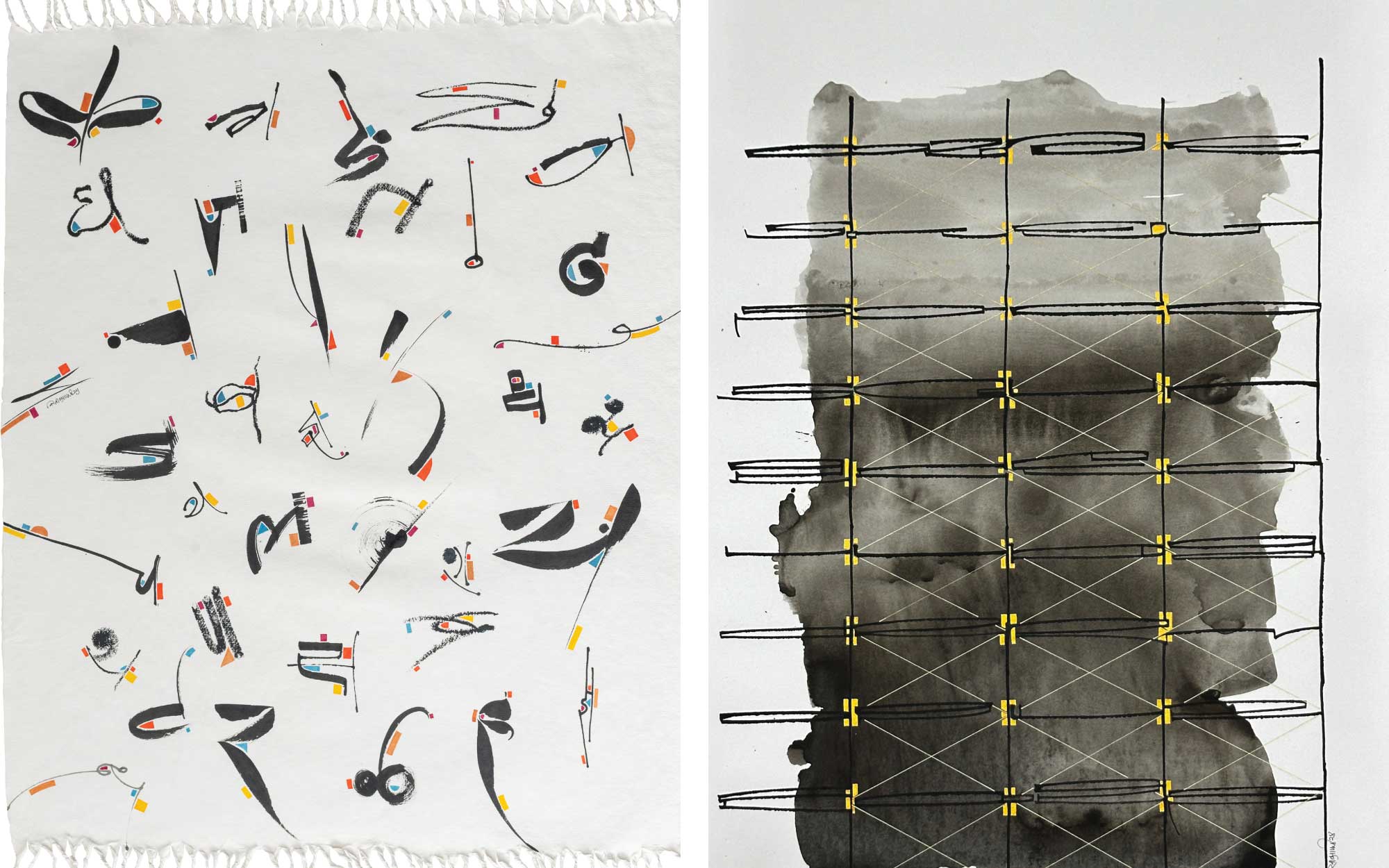 Left: In this Delhi picnic–inspired piece, Aphale evokes sunlit afternoons of shared meals, games, and laughter, where letters drift like companions on a mat. Right: In this piece, letters come together like a scaffolding of poles and planks; intertwining, supporting, and shaping a shared structure where collective form evokes nostalgia. (Image Credits: Nikheel Aphale) 