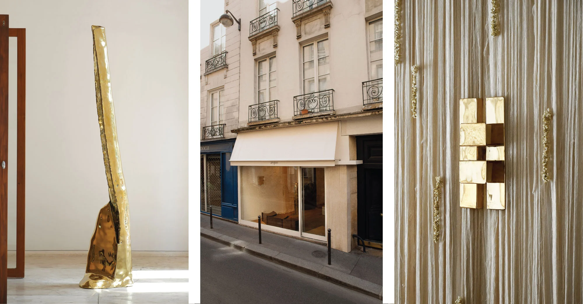 In order from the left: ‘Waxed sculpture’ by Frederic Imbert, the gallery on Rue Mazarine and Modhera wall light by Wendy Andreu. (Image Credits: Æquo)
