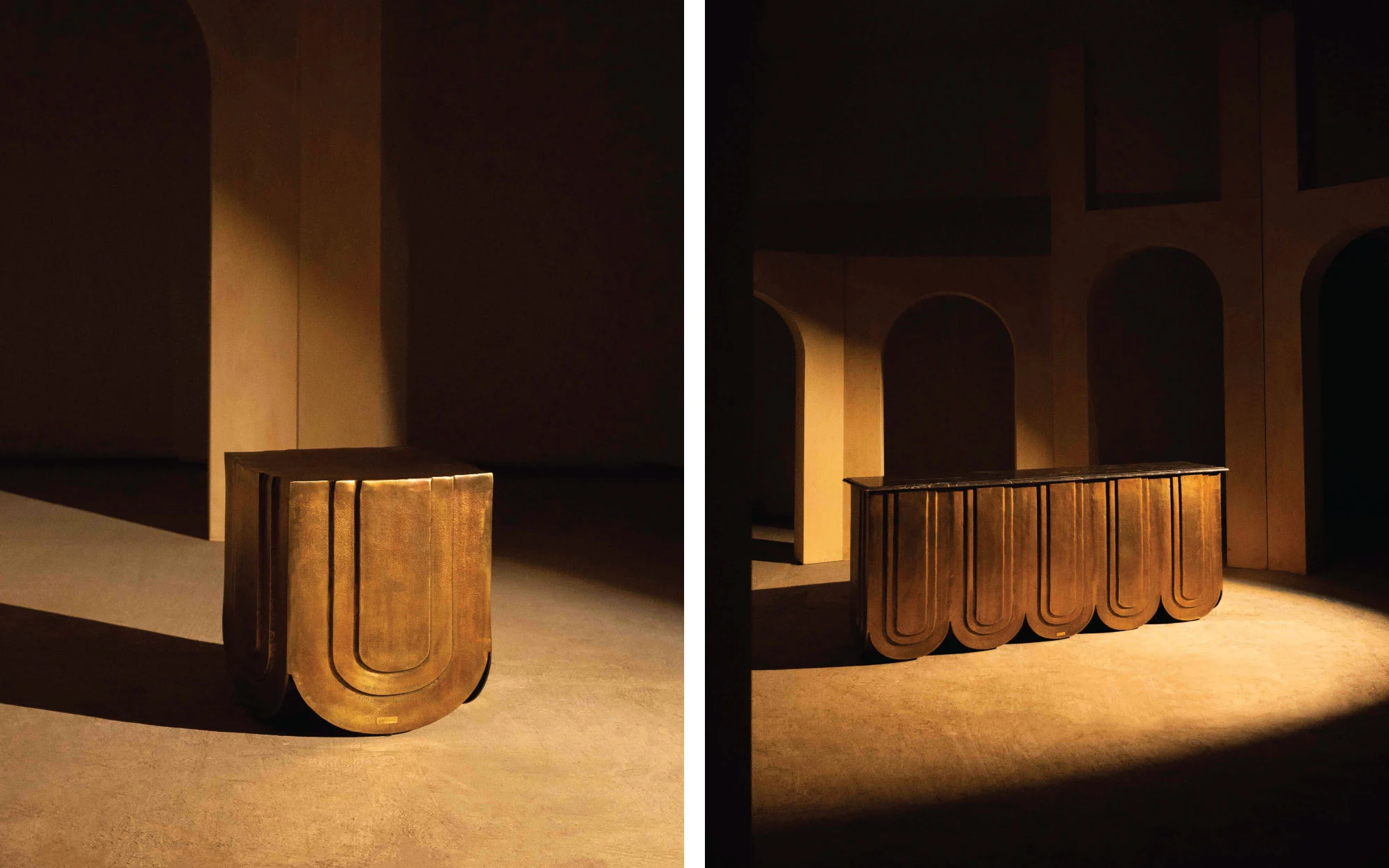 Left: ‘Veil’ side table is compact in scale but monumental in presence. Right: ‘Veil’ Console table is like a colonnade, compressed into furniture. (Image Credits: Taho Living)