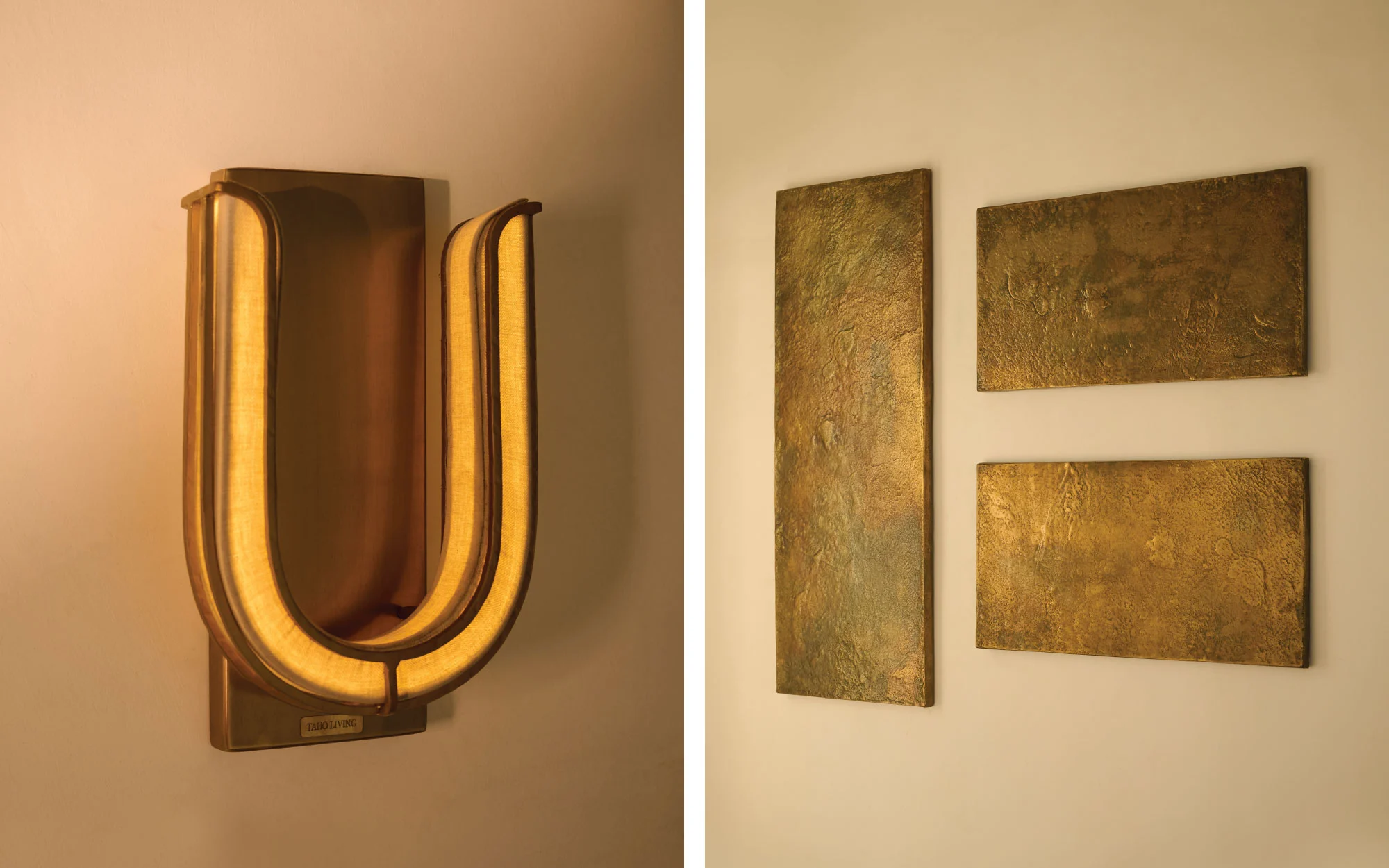 Left: Qandil Wall Lamp dissolves the line between sculpture and lighting. Right: Relic wall art is crafted from honest materials and techniques. (Image Credits: Taho Living)