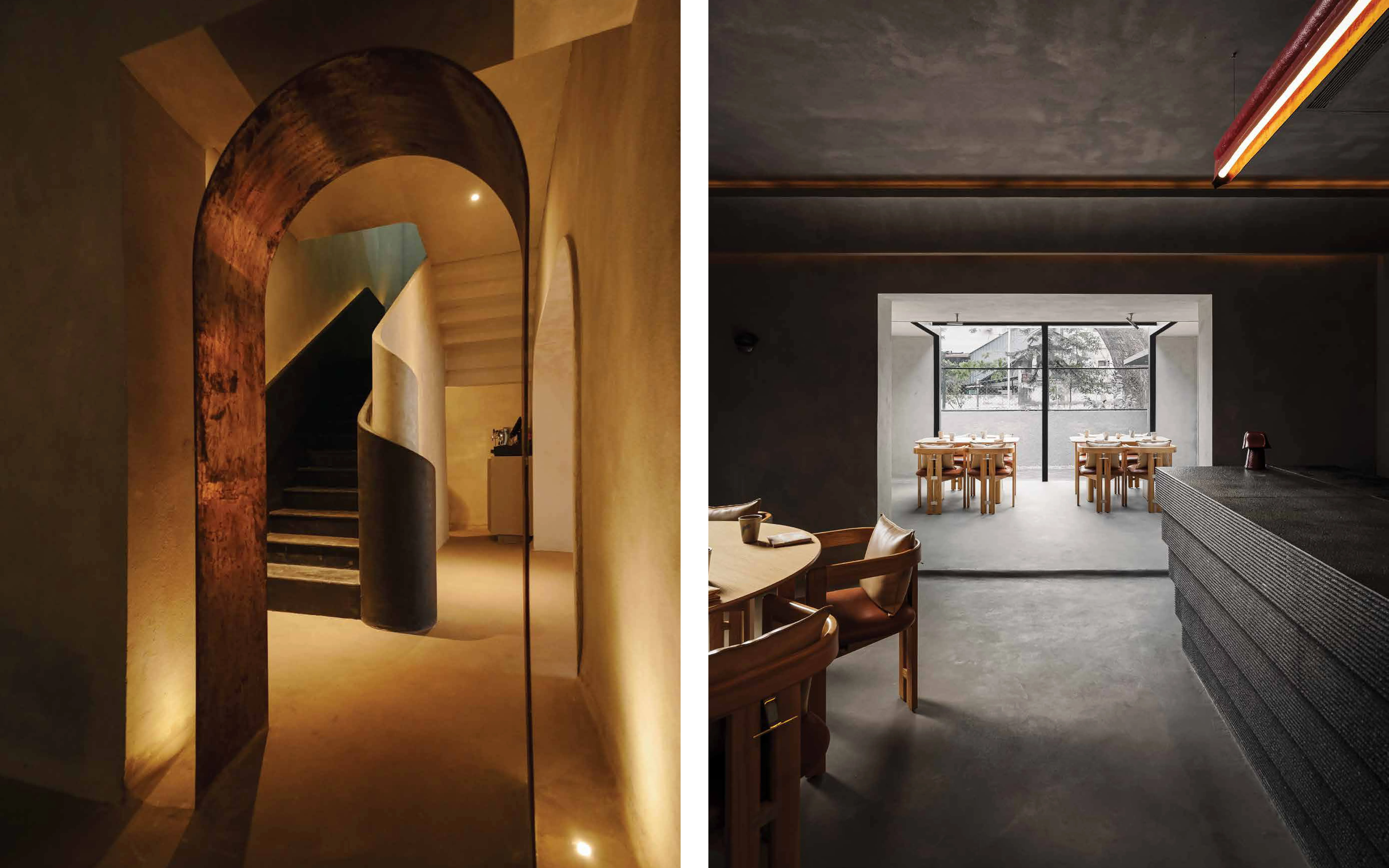 Designed as an intimate, immersive dining space, Nila uses concrete, soft curves, and understated, whimsical accents to create a quietly surreal atmosphere. (Image Credits: Vedant Sharma)
