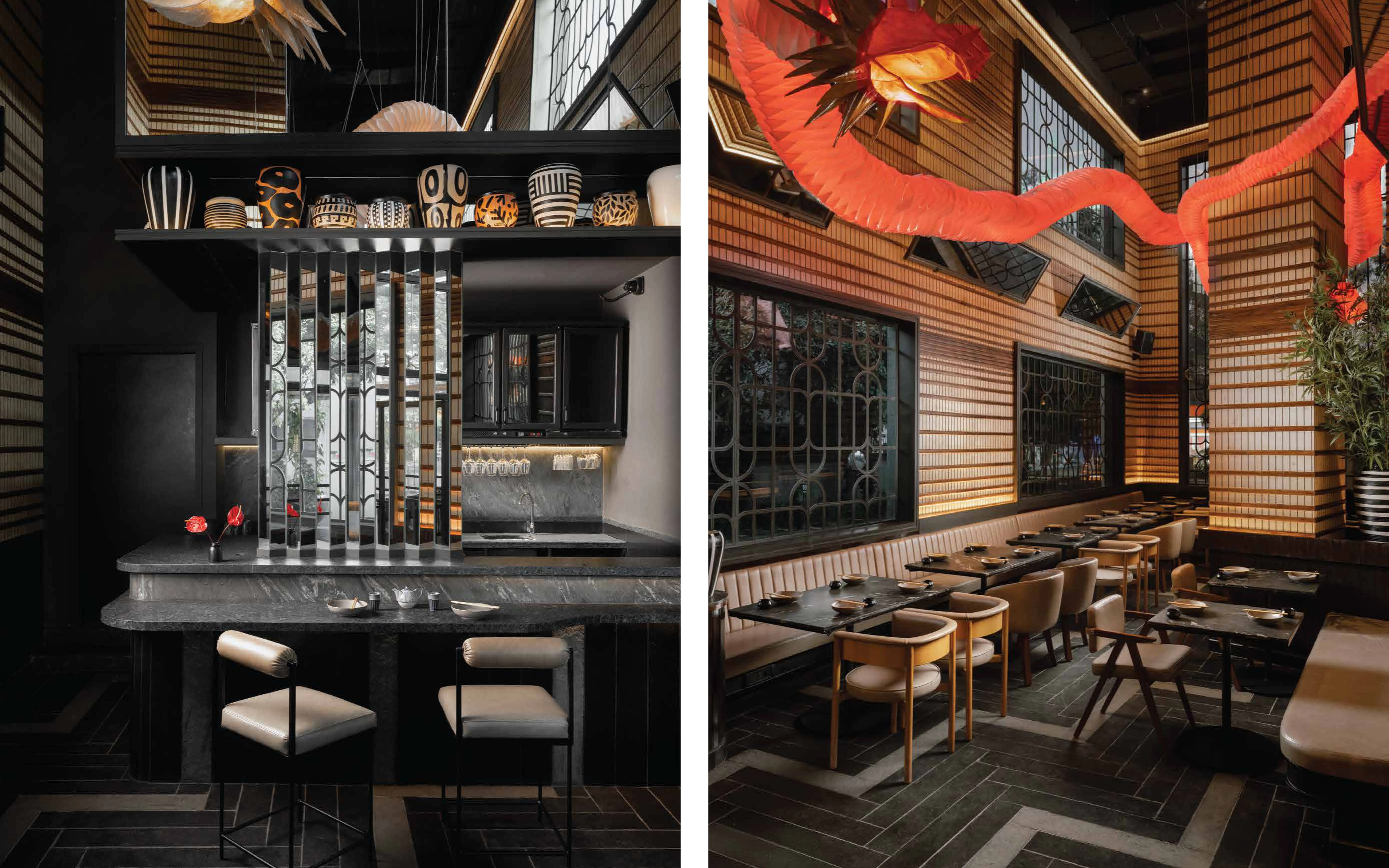 The interiors balance restraint with layered detailing that visually expands the space. Above, a sculptural origami light installation evokes a floating dragon, bringing movement and drama to the room. (Image credits: MISU)
