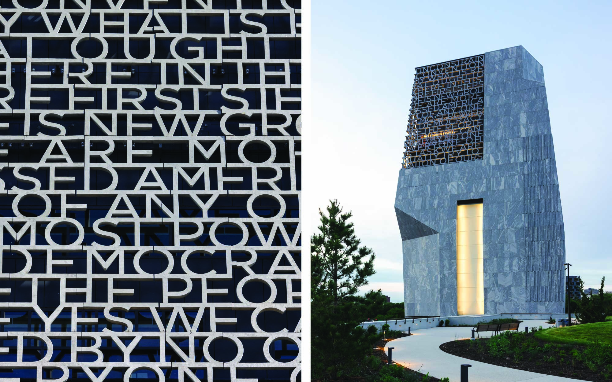 Left: The concrete lettering incorporates excerpts from President Obama's "You Are America" speech. (Image credit: Candace Dane Chambers) ; Right: The Museum Exterior displays an asymmetrical, sculptural stone design defined by dynamic geometric and a monumental typographic screen. (Image credit: The Obama Foundation)