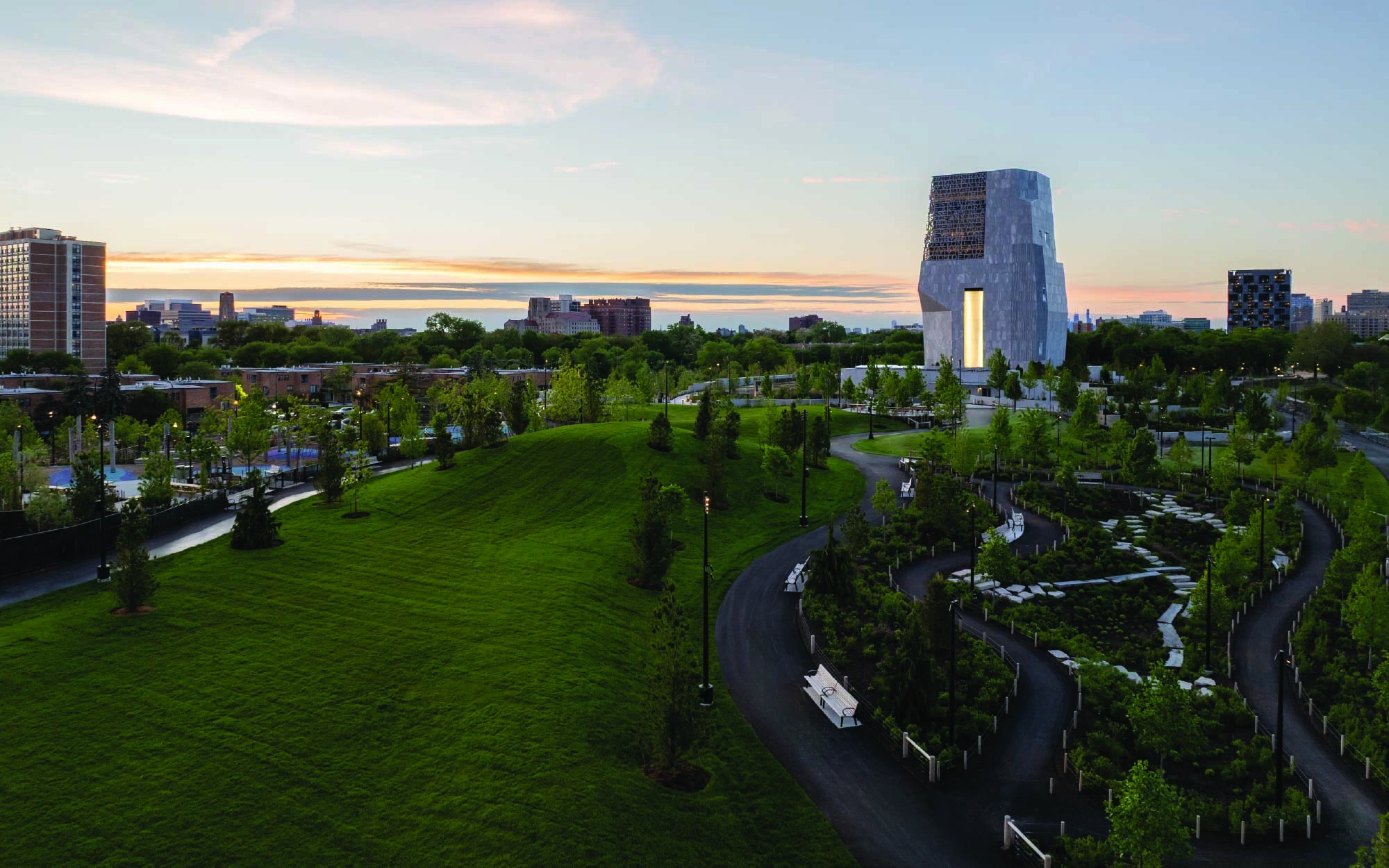 The Great Lawn features a wide variety of green, open public spaces speckled all around the museum building to encourage public use. (Image Credit: The Obama Foundation)