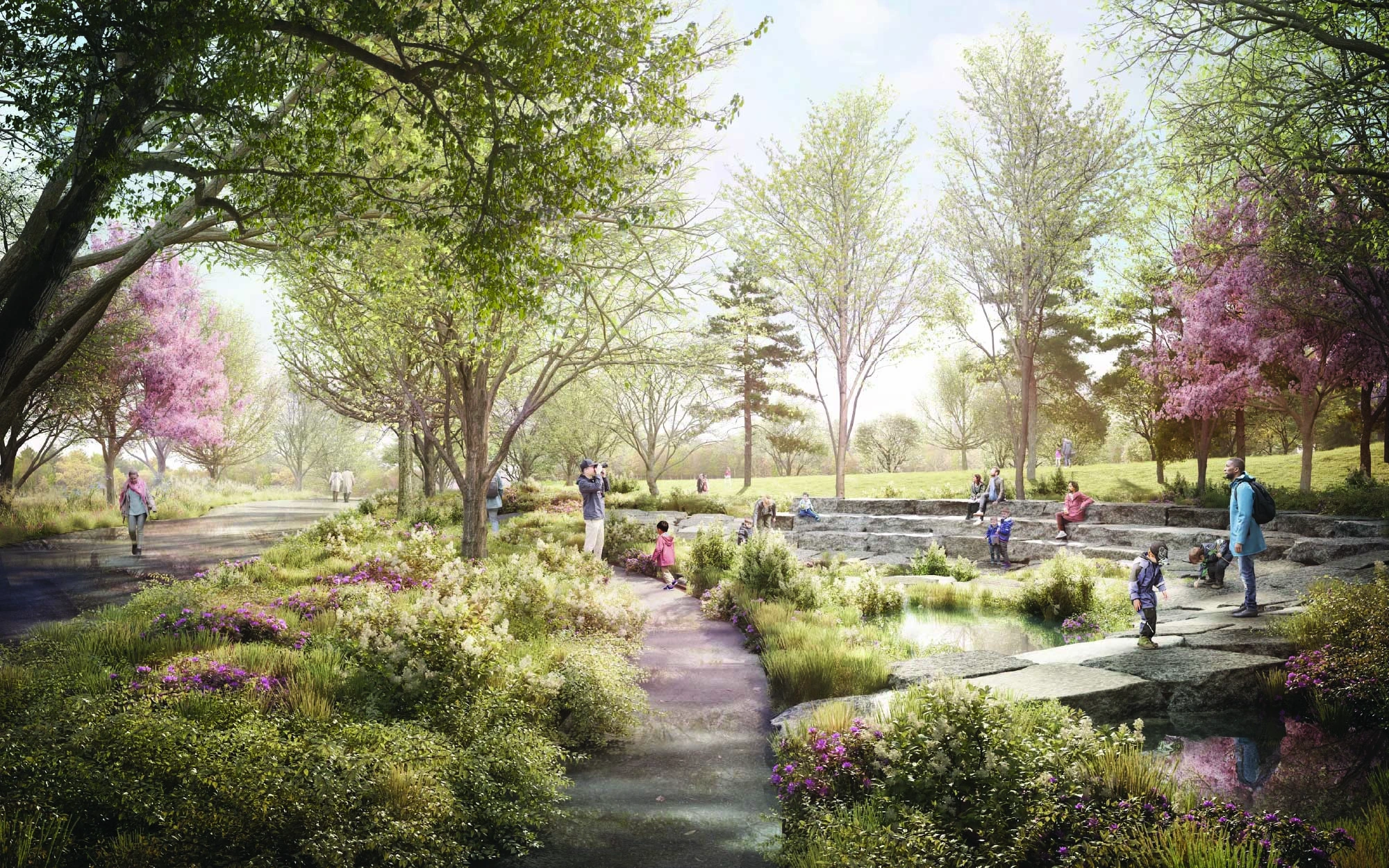 An architectural render of Wetland Park: a sustainably designed, eco-friendly oasis providing a unique environment with walking paths, public seating, and spaces for children to play. (Image Credit: The Obama Foundation)