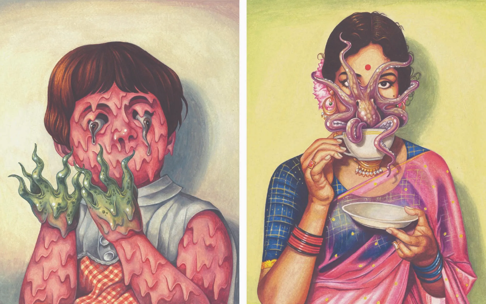 ‘Untitled,’ and ‘Octopus Lady’, Gouache on Paper by Priyesh T at Method Delhi. (Image Credit: Method Delhi and artist)