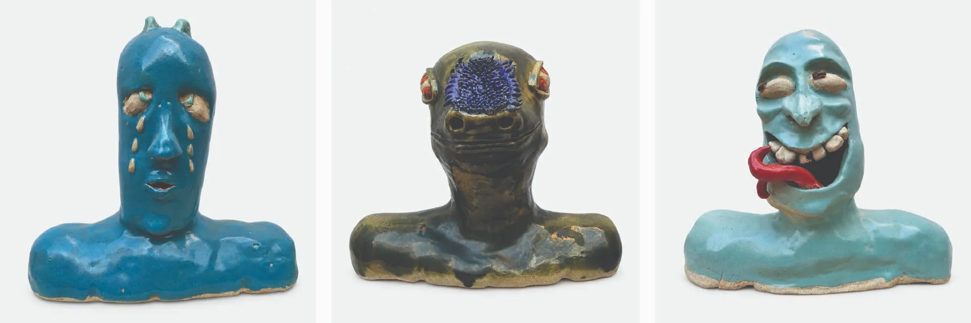 From left to right: Durgesh, Ramesh, and Santosh, part of a series of ceramic portraits by Aditya Dhabhai. (Image Credit: Method Delhi and artist) 