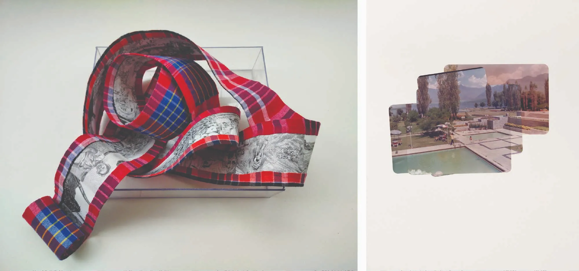 Left: ‘Deucha Pachami in Media,’ Graphite on paper, mounted with cloth (gamchha) in acrylic box by Pritam Das. Right: ‘Two pools,’ from The Image World Series, Pigment prints collaged on archival board by Yashna Kaul, 2018. (Image Credits: Vadhera Art Gallery and artist) 