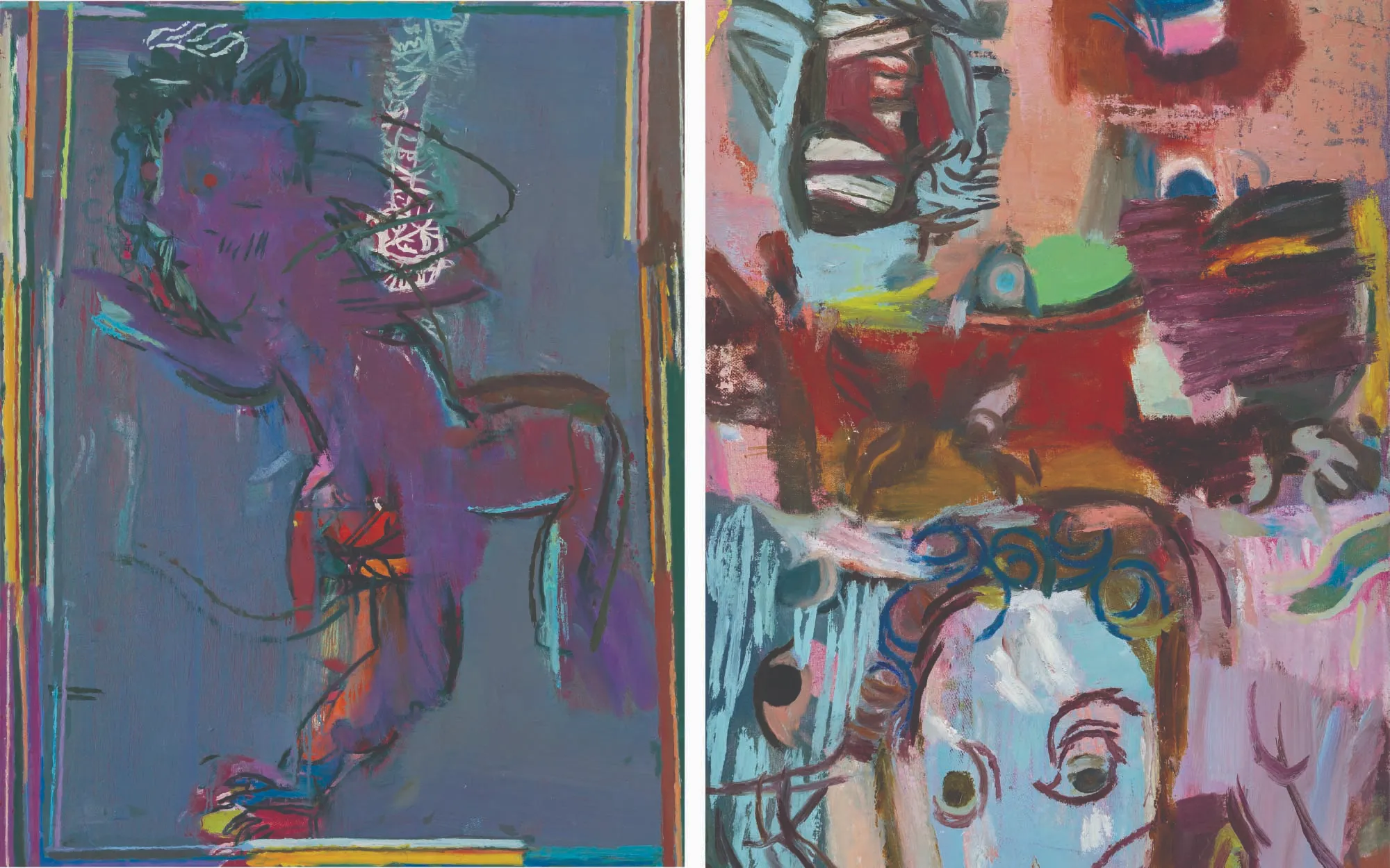 Left: The Informant, 2026, Oil on canvas, Right: The Others, 2026, Oil on canvas. (Image Credit: Galerie Mirchandani + Steinruecke and artist) 