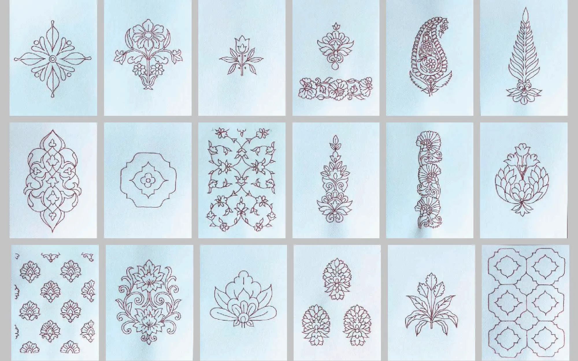 ‘Gulistan’ by Anshu Singh, hand embroidery on Fabriano paper, set of 24 pieces, 2025. (Image Credit: Latitude 28 and the artist) 