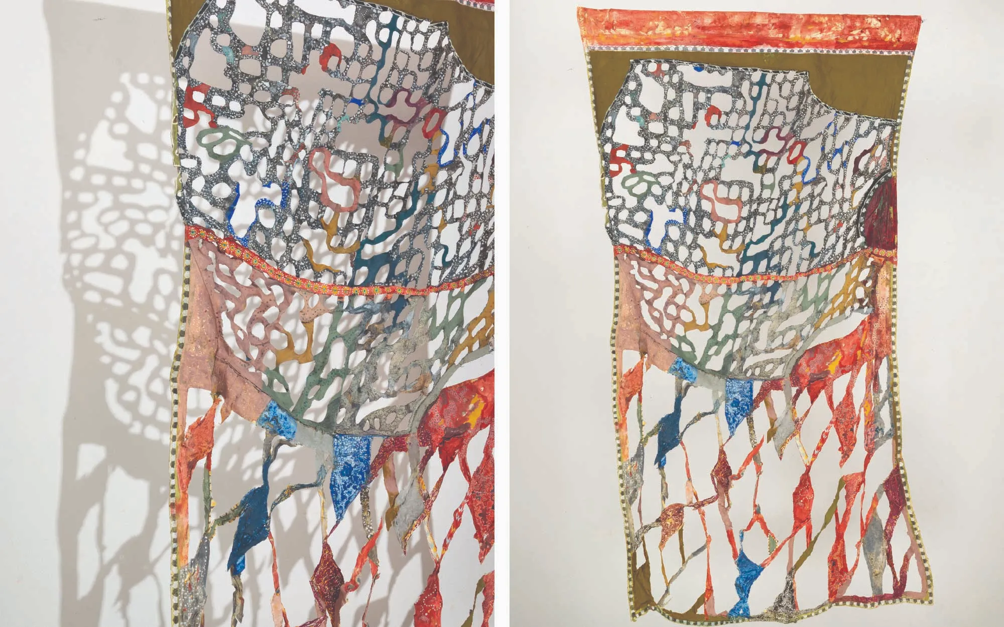 ‘body holding its falling/softened armour,’ Gouache, oil pastel, graphite, thread, bed sheet and garment fragments, chalk gesso by Sabeen Omar, 2026. (Image Credits: Latitude 28 and the artist) 