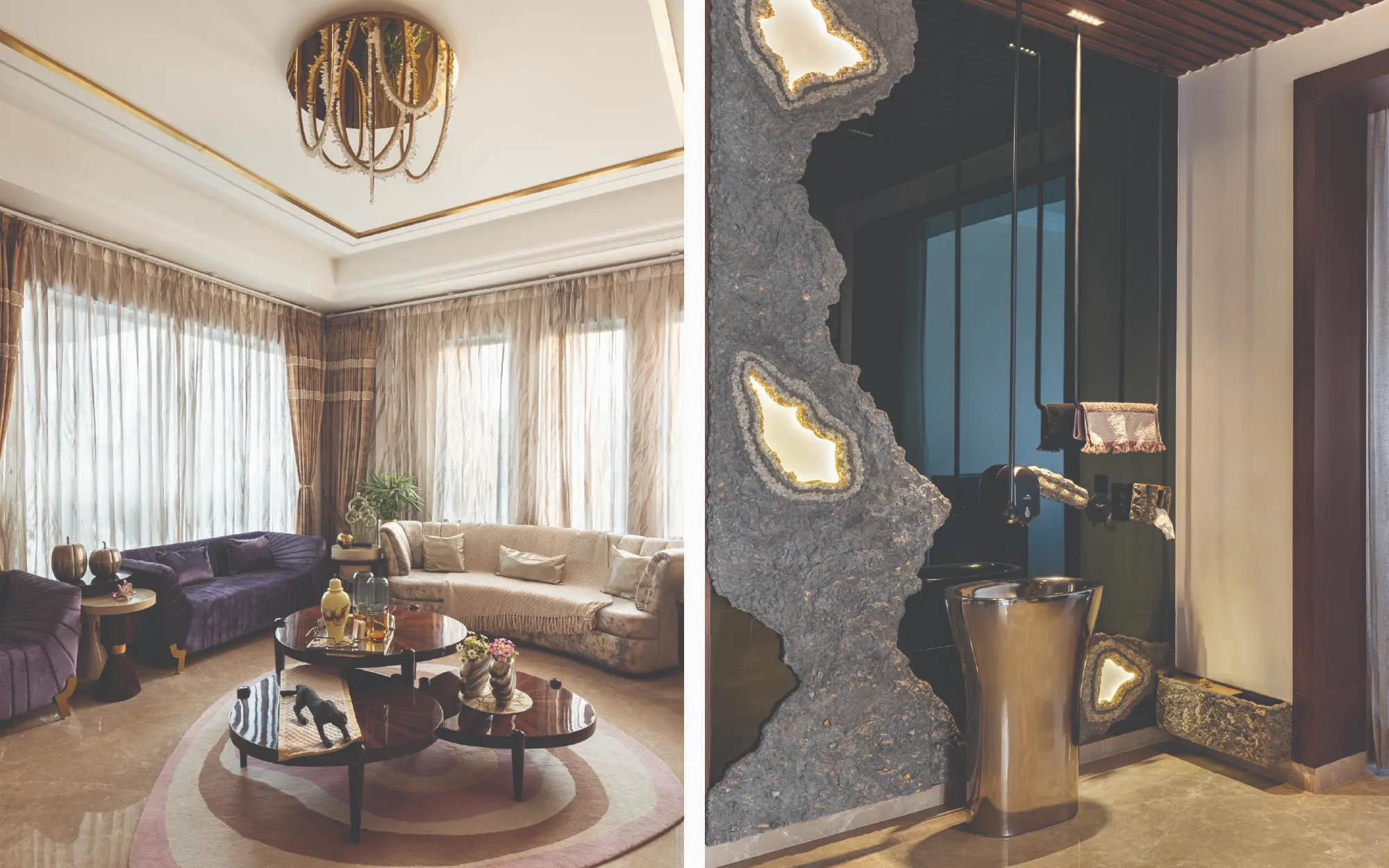 Left: Bespoke velveteen sofas and high-gloss nesting tables by Kabit Art, lighting by Shiksha and soft furnishings by World of Interiors in Amritsar lend a sense of quiet luxury to the drawing room. Right: Metallic sanitaryware by Kohler and Turkish marble flooring by Lovely Marbles lend a contemporary, jewel-like quality to bathrooms. (Image Credit: Purnesh Dev Nikhanj) 