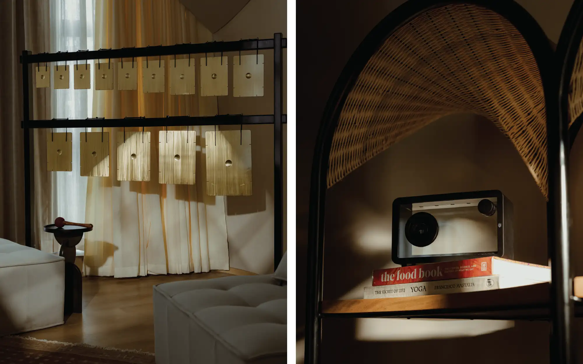 The Resonance Room on the left has become a quiet focal point where guests can decompress with herbal tea, organic snacks, and musical instruments, or simply sit in silence. (Image Credits: Six Ways to Sunday for Dhun Wellness)