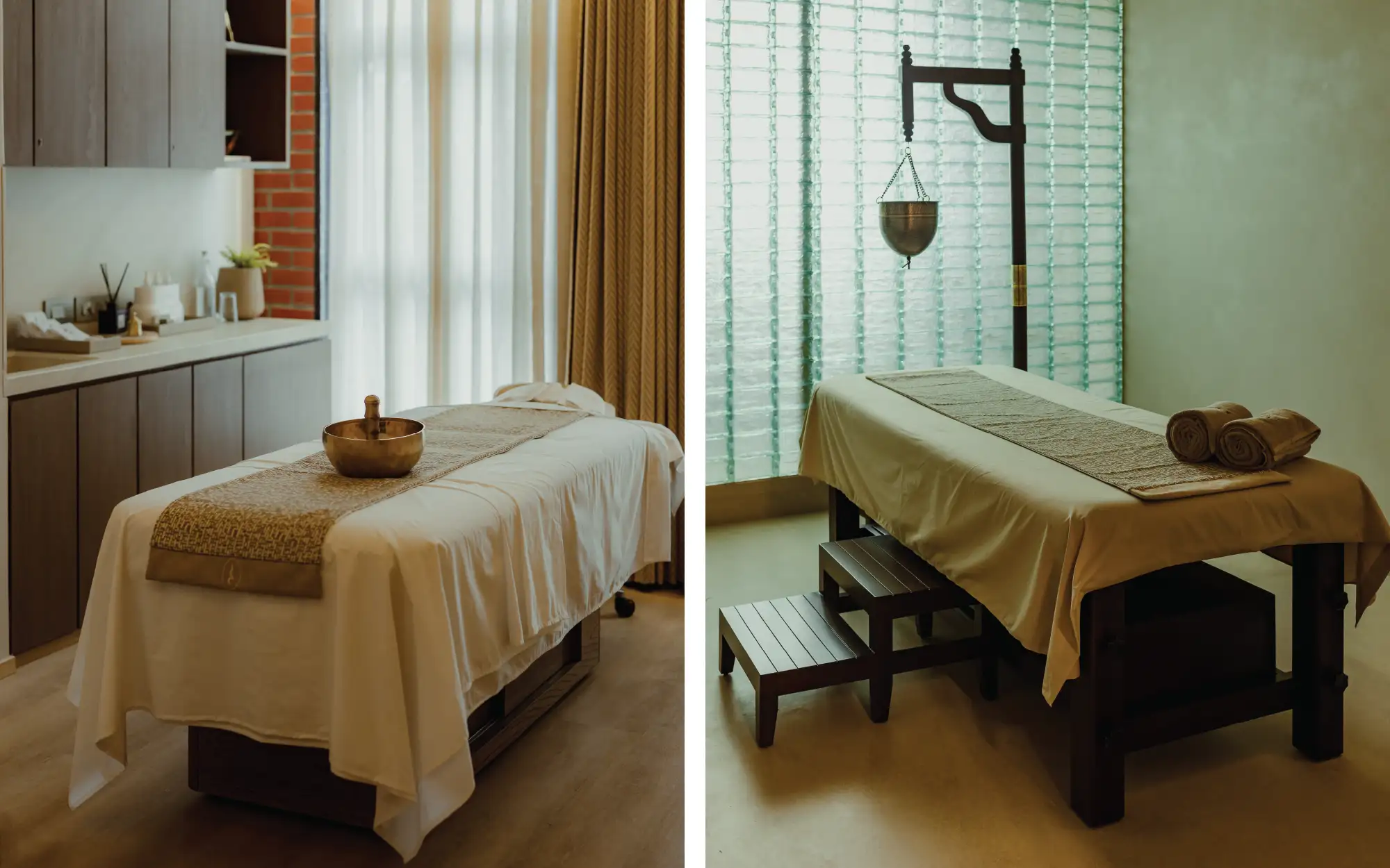 With 13 treatment rooms and three consultation suites, each one has access to natural light. On the left is one of the therapy rooms, and on the right is an individual treatment room designed specifically for an Ayurveda treatment. (Image Credits: Six Ways to Sunday for Dhun Wellness)