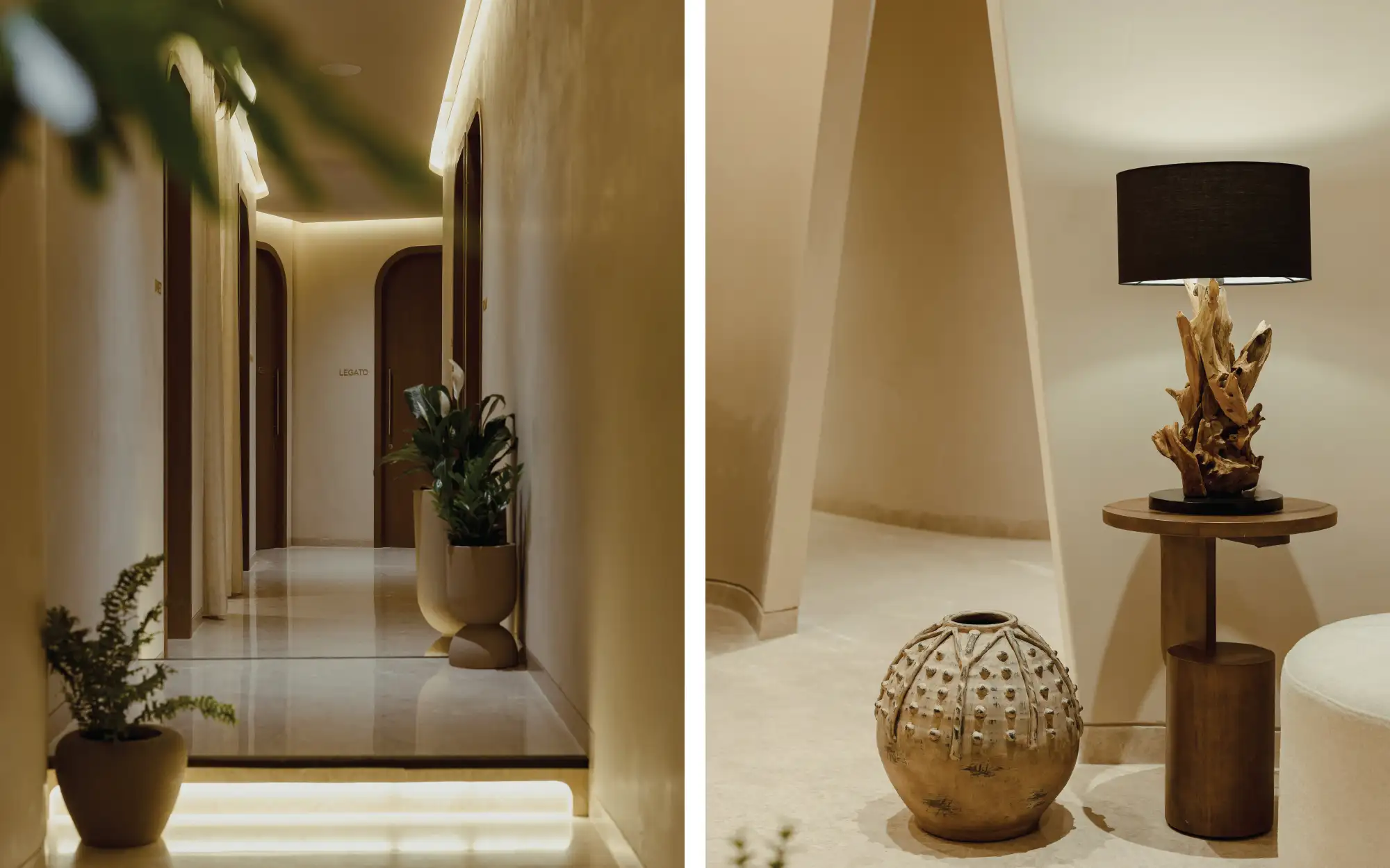 Inside Dhun Wellness, warm neutral tones, soft textures, and a monochromatic palette unfold with refined restraint, using subtlety to build depth rather than austerity. (Image Credits: Six Ways to Sunday for Dhun Wellness)