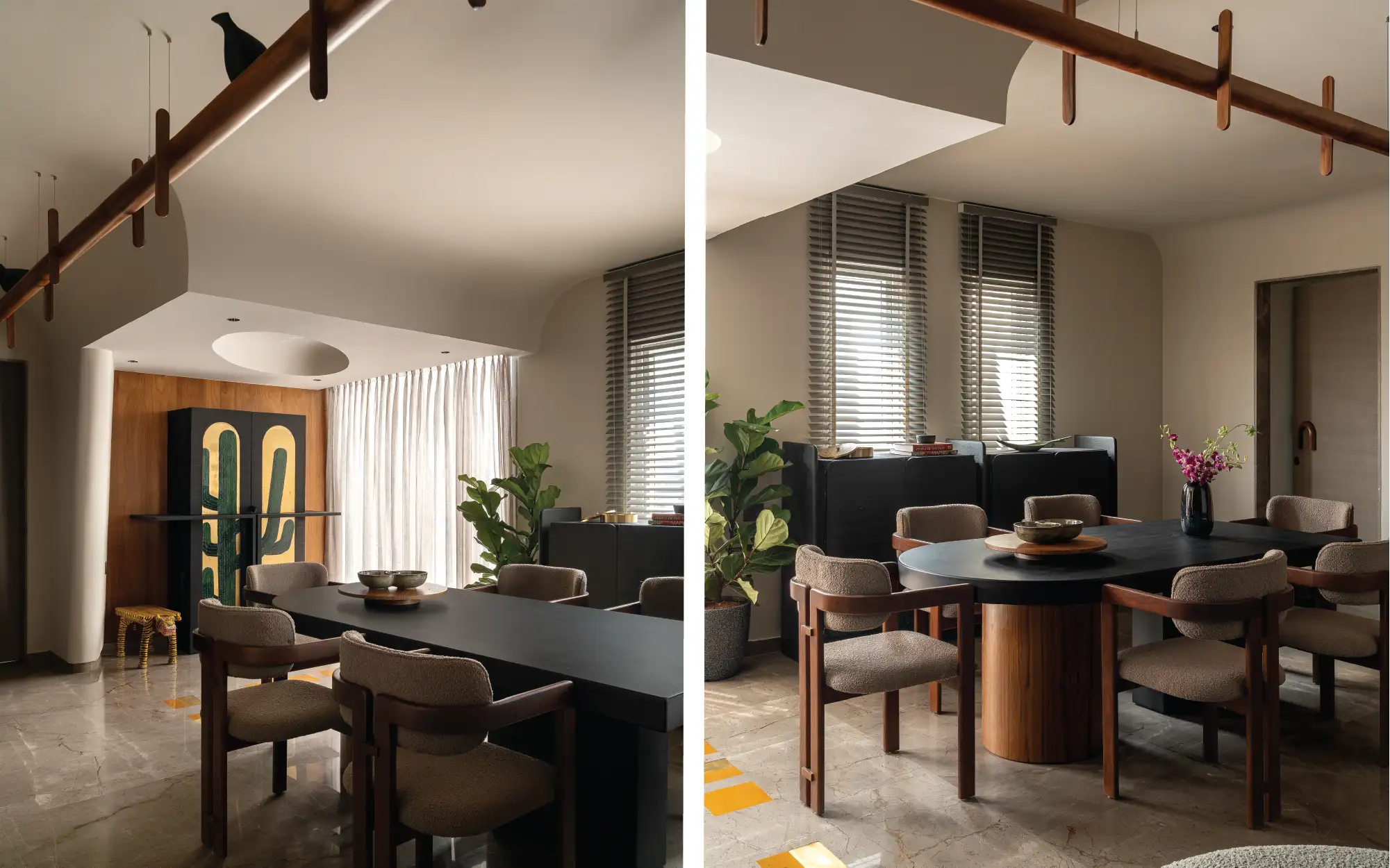 Right: The custom-designed ‘Perch’ chandelier by Burgundy Red Projects hovers above the dining space, where a table from Objectry echoes the fluid language of the living room. Left: The dining nook where a dining table from Objectry and Cura Home chairs reinforce the home’s character. (Image Credits: Yash R Jain)