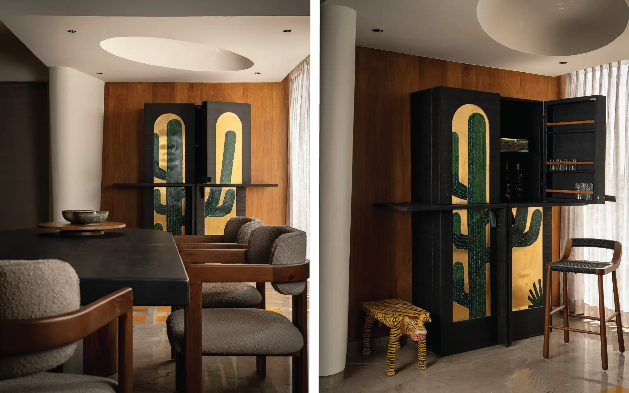 Left: A custom jet-black bar unit with luminous brass arches and an oversized emerald cactus motif turns an awkward structural junction into a moment of expression. (Image Credits: Yash R Jain) Right: A playful Purple Turtle tiger end table injects personality into the space, while Cura Home bar stools complete the setting. (Image Credits: Yash R Jain)