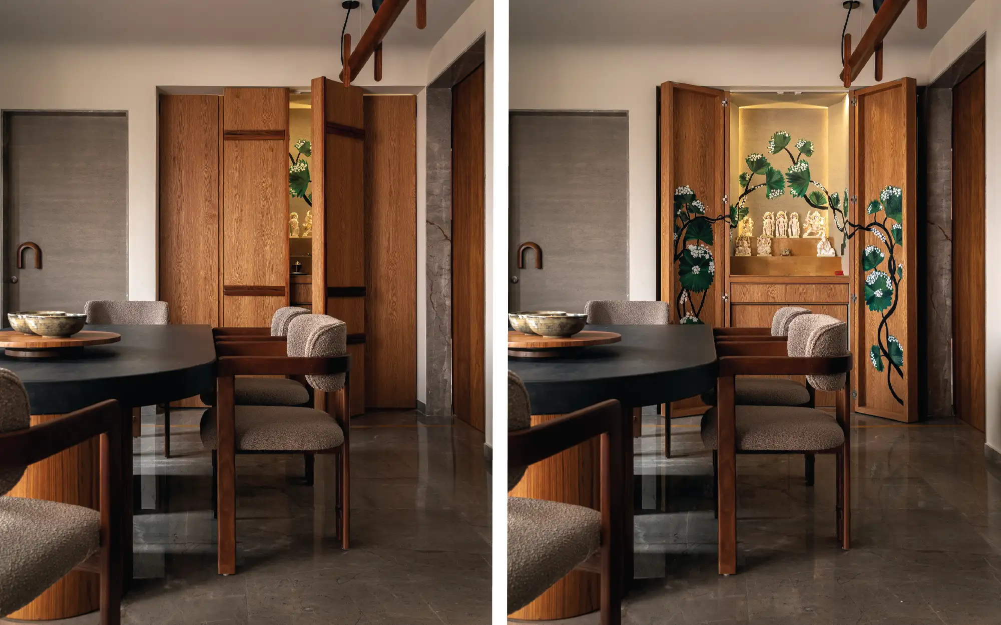 As the timber shutters open, a backlit temple tree gradually unfurls across the pooja unit’s inner panels, transforming a discreet cabinet into a luminous space framed by sweeping emerald branches. (Image Credits: Yash R Jain)